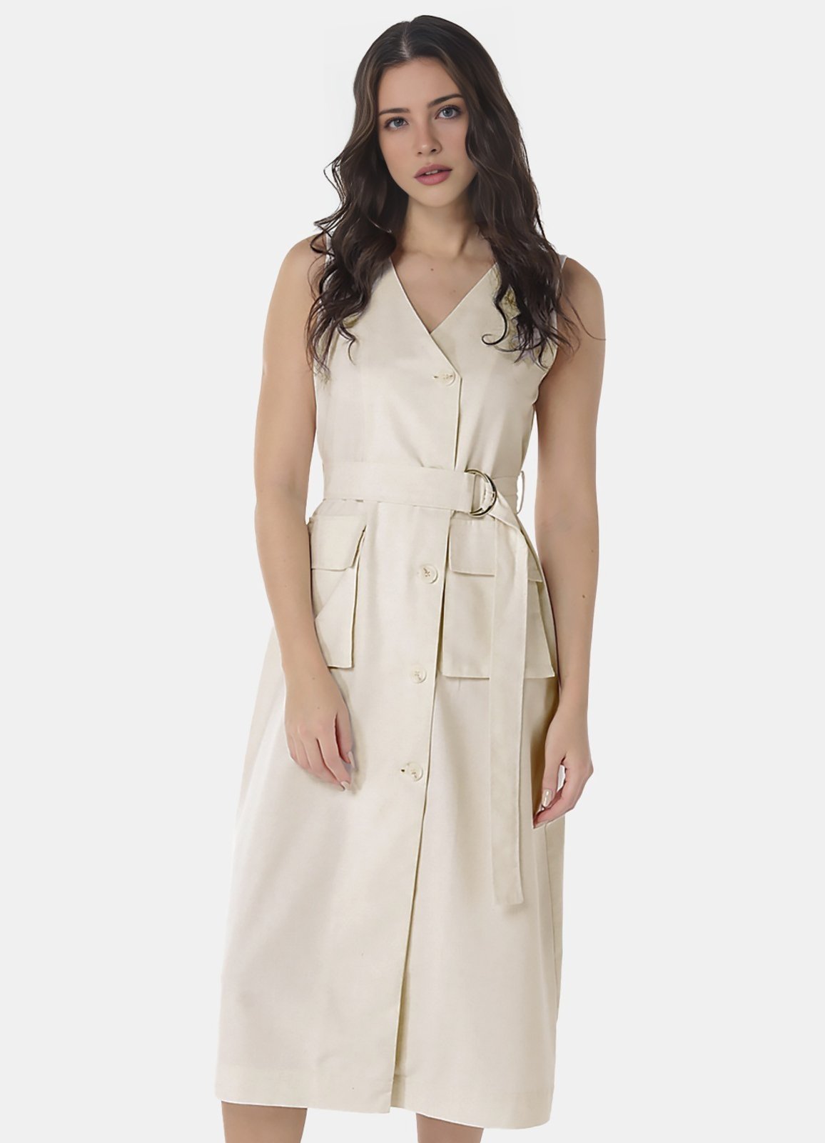 Vestido Sob de Linho Midi Bege Decote V Transpassado
