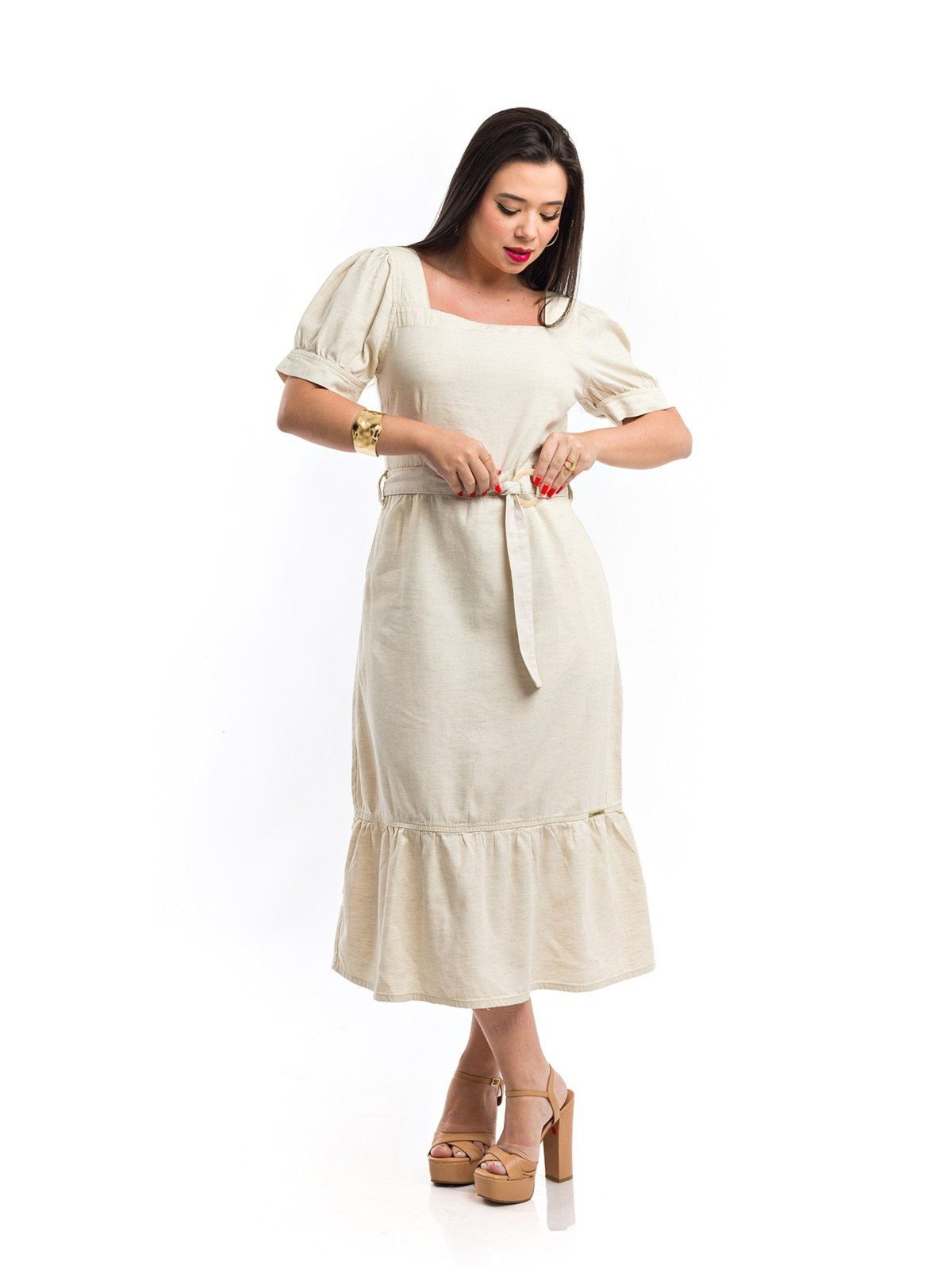 Vestido Midi Restrito Jeans Linho Com Mangas Bufante – BEGE