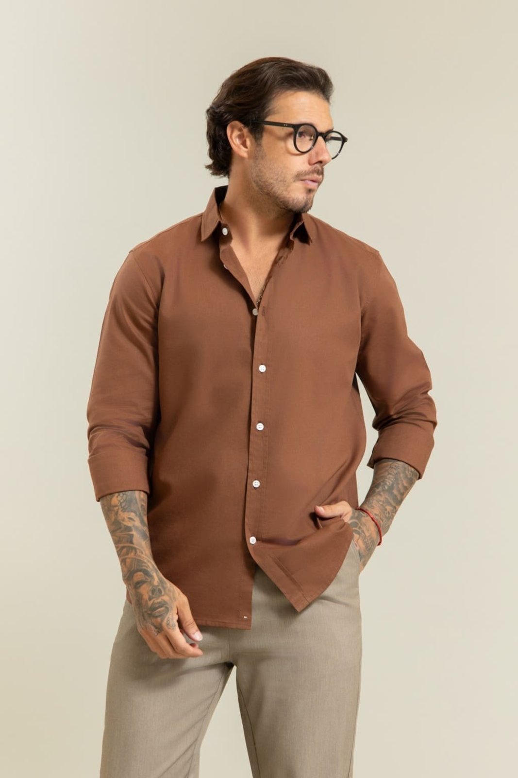 Camisa Social Manga Longa Masculina Color Marrom Dialogo
