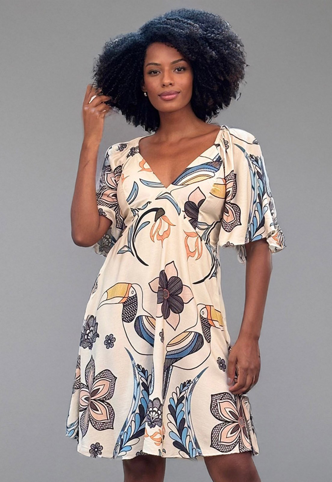 Vestido Amazonia Vital Midi Manga Ampla Estampa Tucanos Azul