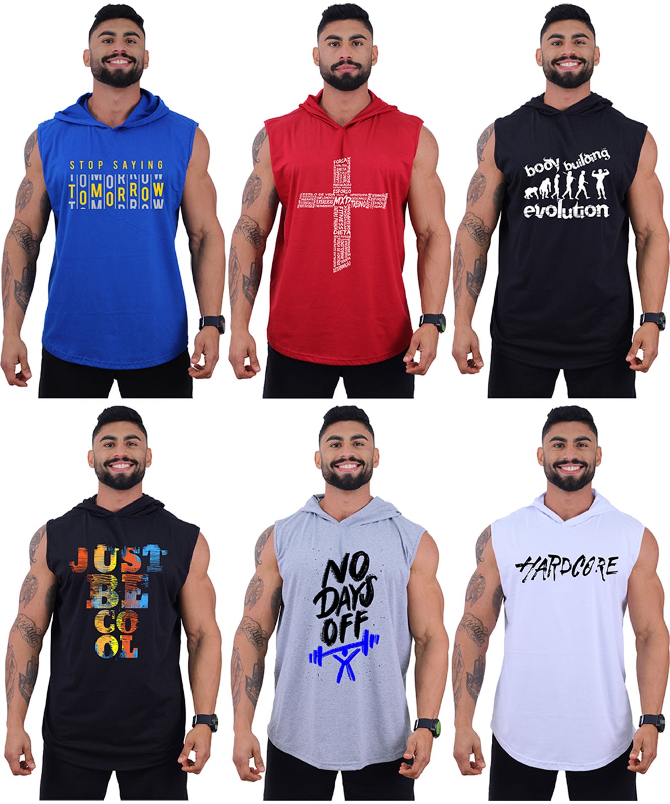 Kit 6 Regatas Longline Machão Com Touca Algodão Alto Conceito Academia Todo Dia