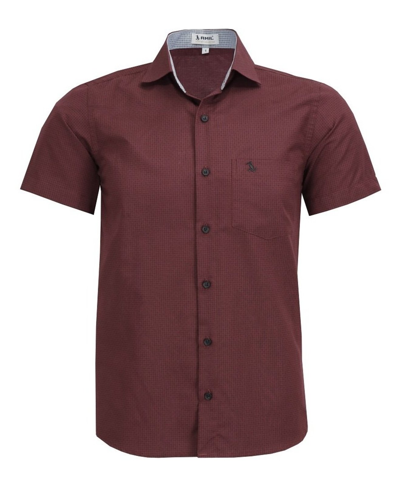 Camisa Social Amil Estampado Comfort Ferrix Manga Curta Misto Com Bolso Vinho