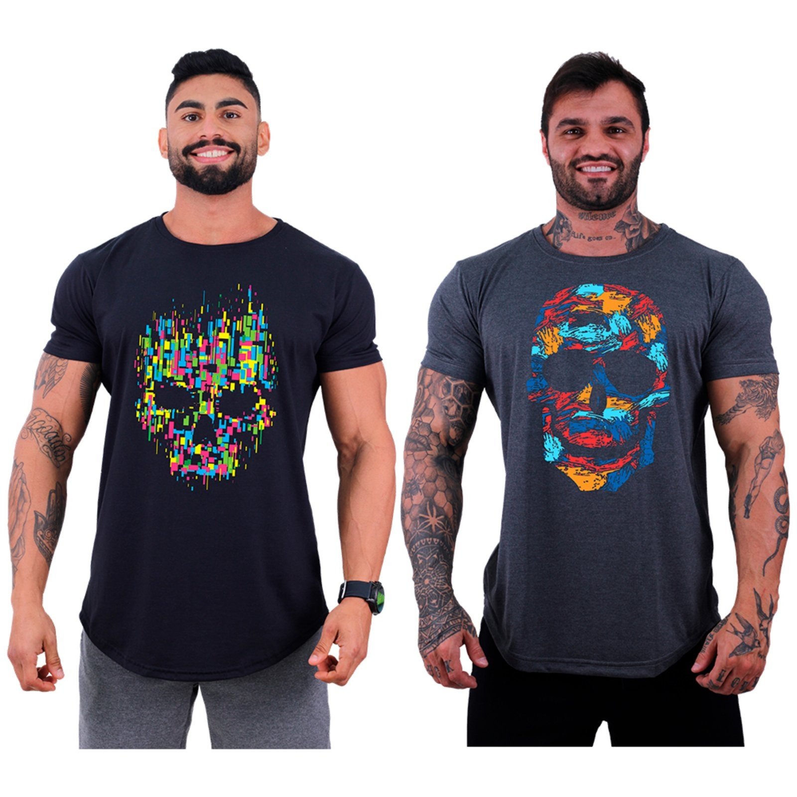 Kit 2 Camiseta Longline Masculina Alto Conceito Slim Preto e Grafite Caveiras