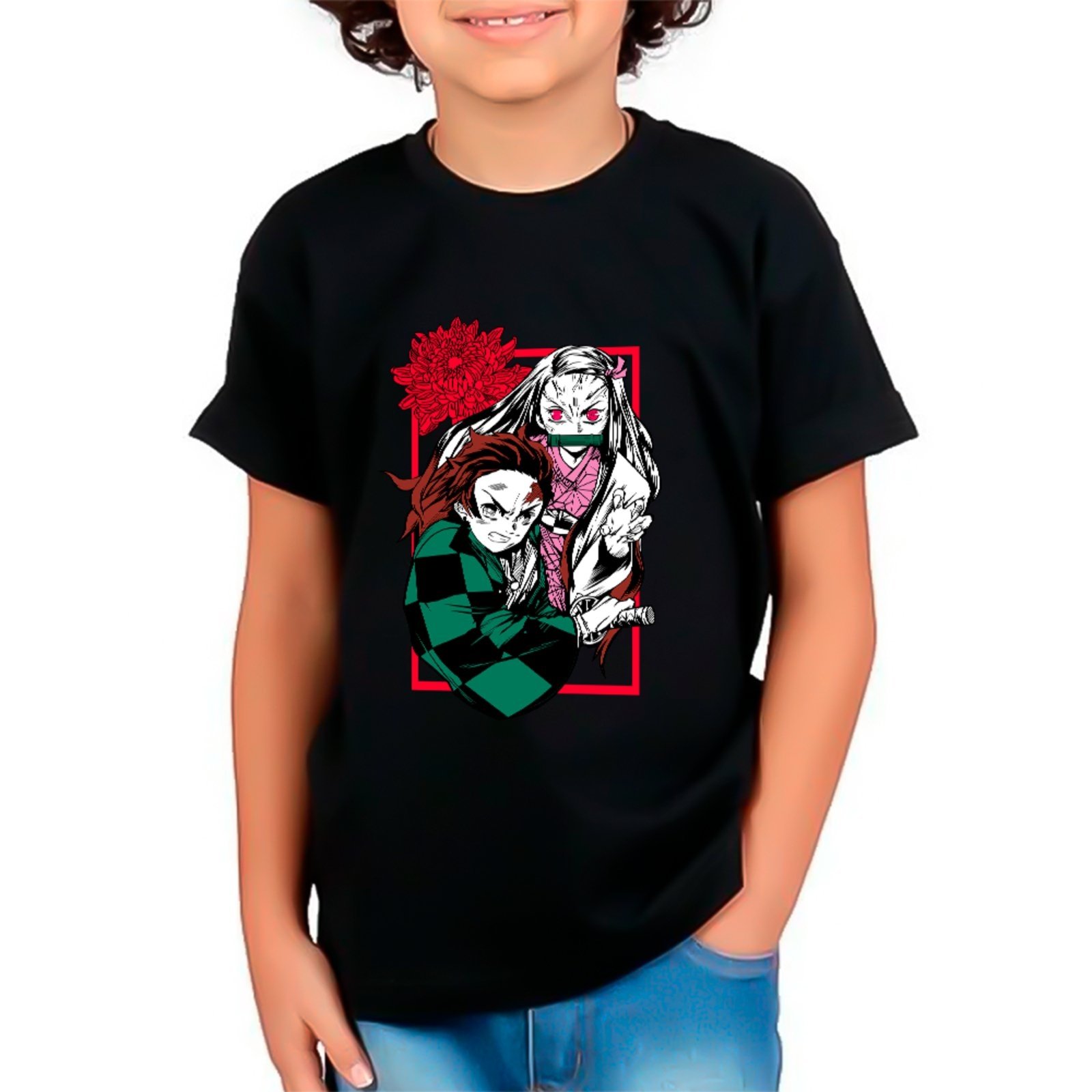 Infantil - Camiseta Unissex Coleção Anime Demon Slayer Tanjiro Nezuko Preto