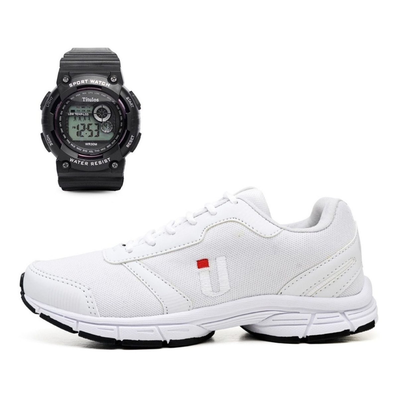 Tênis Esportivo Masculino Treino Leve Caminhada Macio Original Branco Mais Relógio Brinde