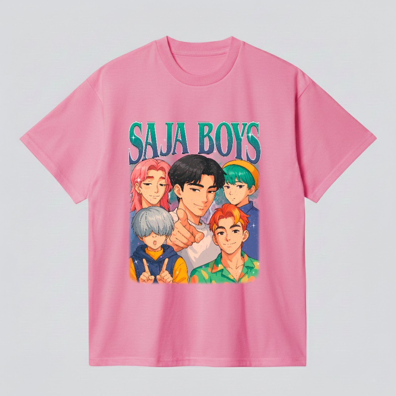 Camiseta Ousy Básica Estilo Saja Boys Kpop Group Trend Unissex Rosa