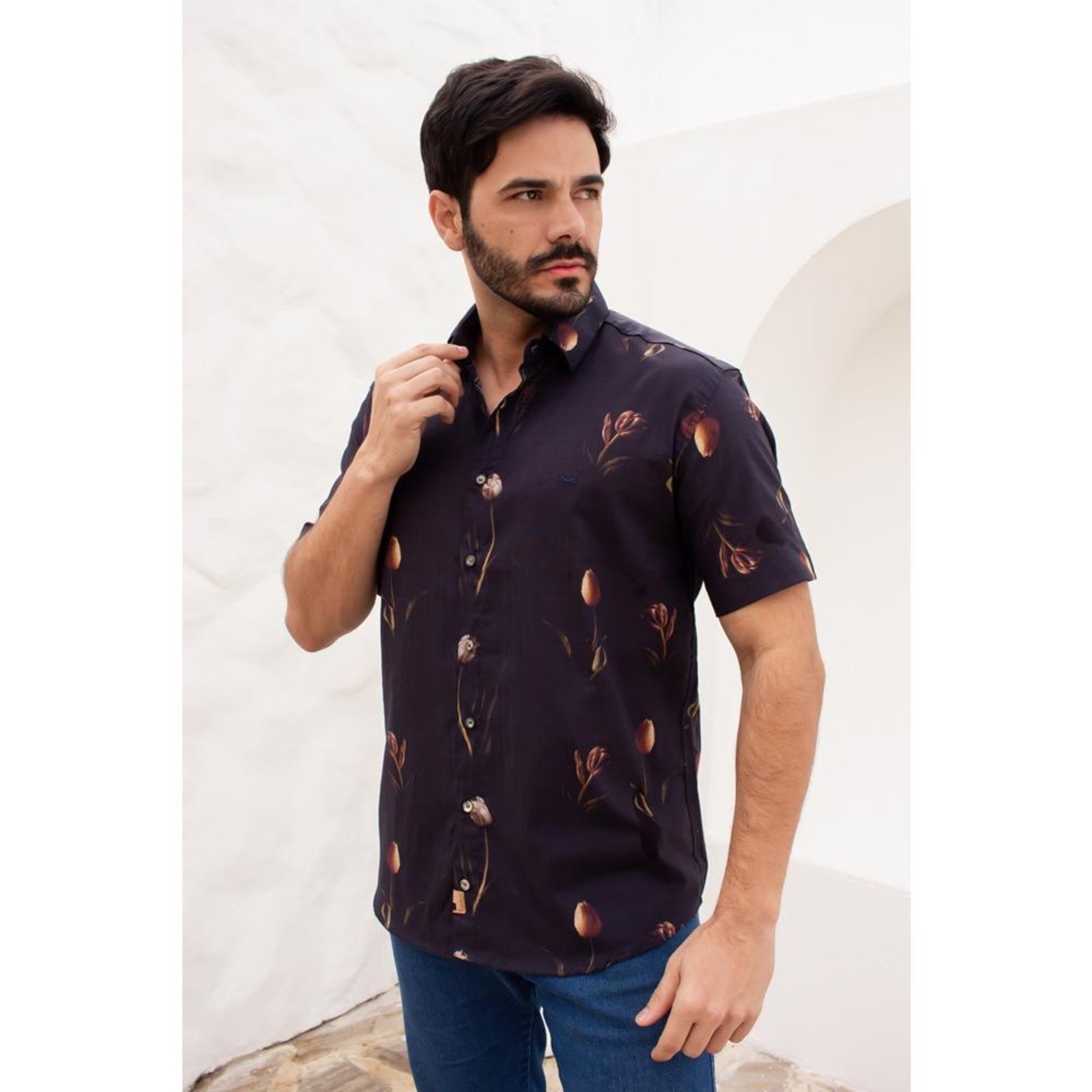 Camisa Masculina Manga Curta De Linho Floral Preta
