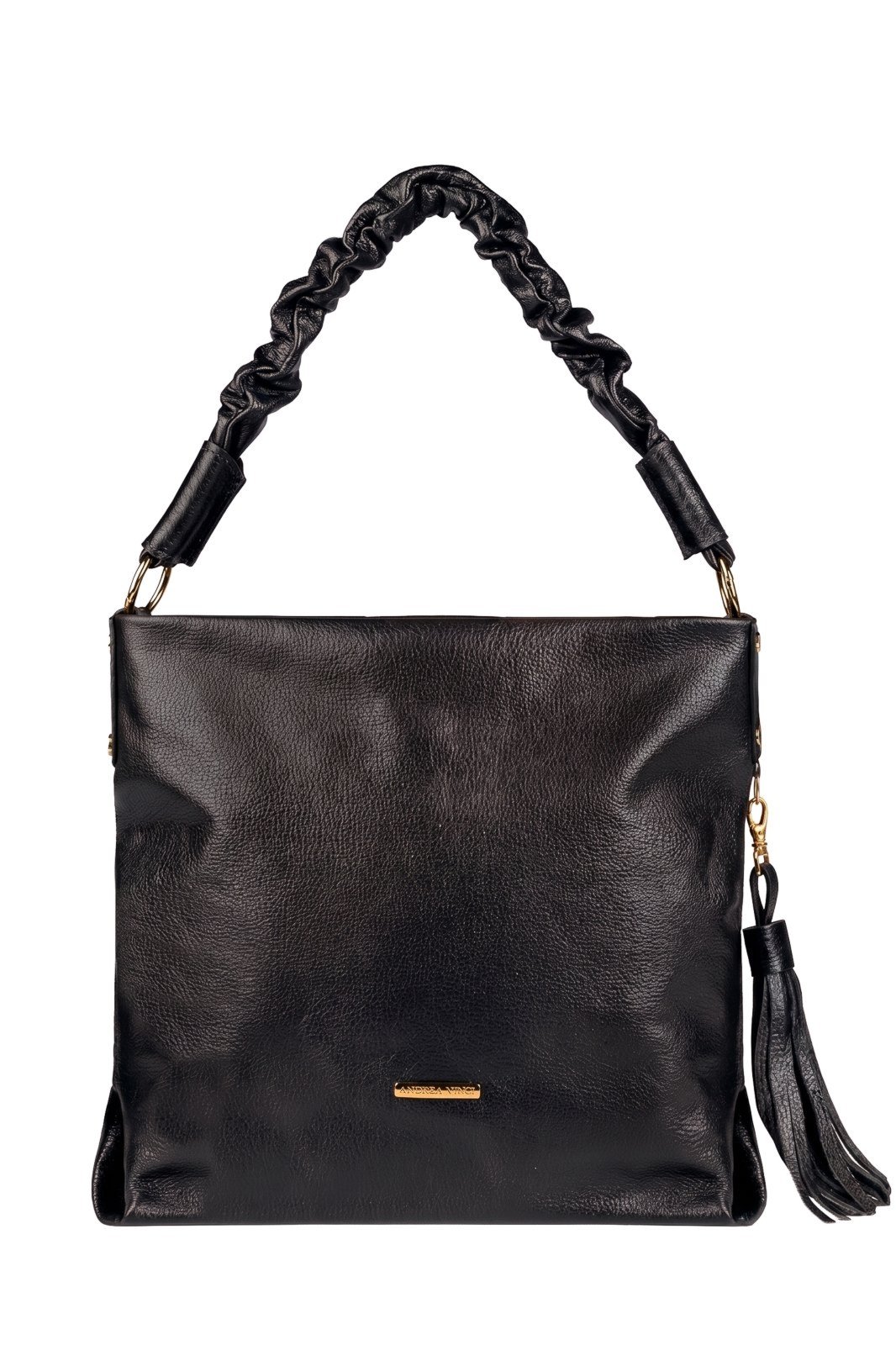 Bolsa de ombro em couro liso alça franzida Brenda - Preto