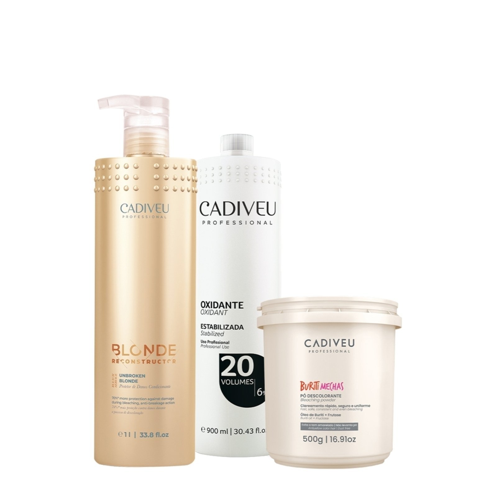 Kit Cadiveu Professional Blonde Reconstructor Unbroken Buriti Mechas e Oxidante 20 volumes (3 produtos)