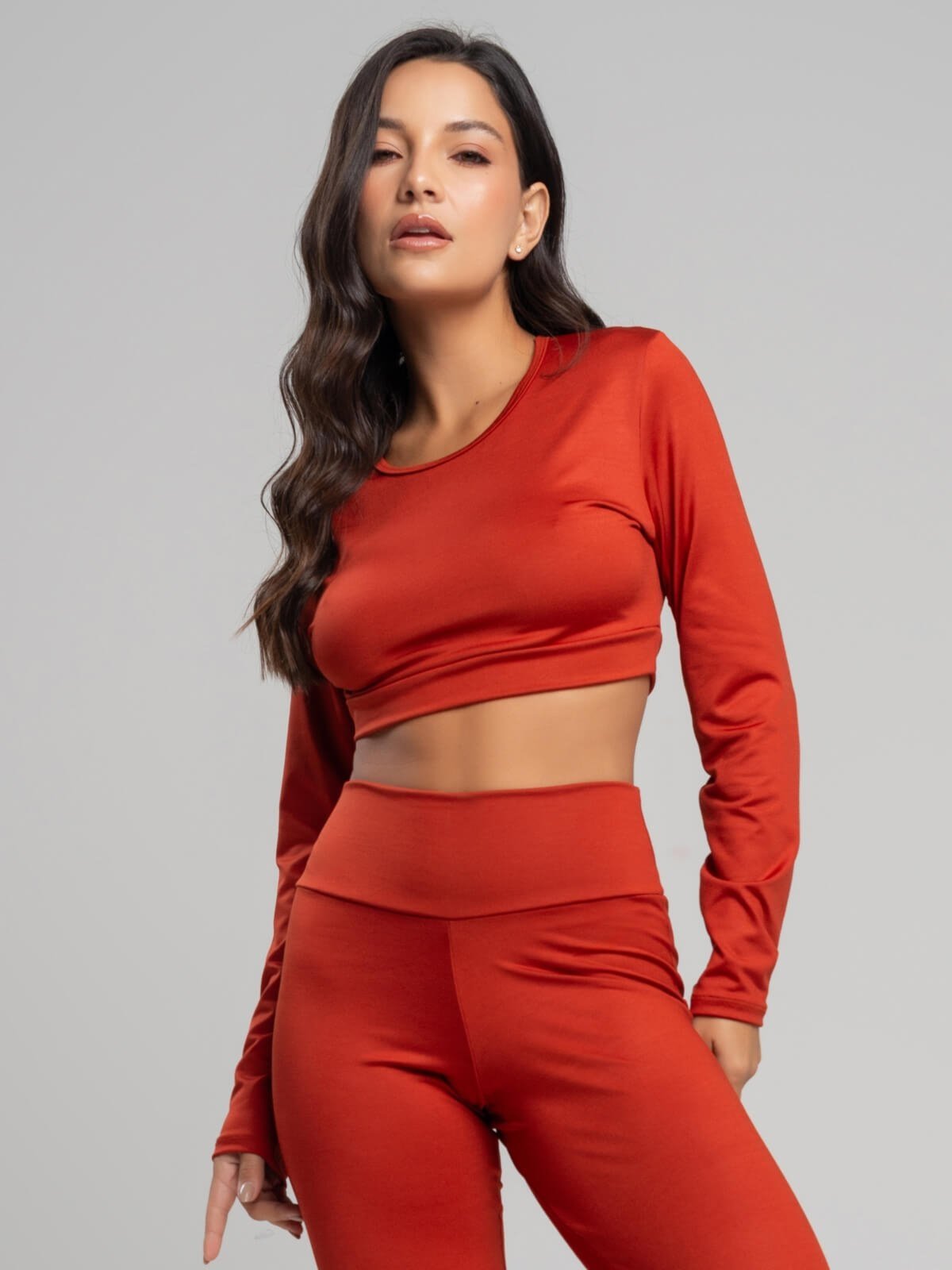 Top Cropped Manga Longa Suplex Vicbela Roupa de Academia Moda Fitness Treino Terracota