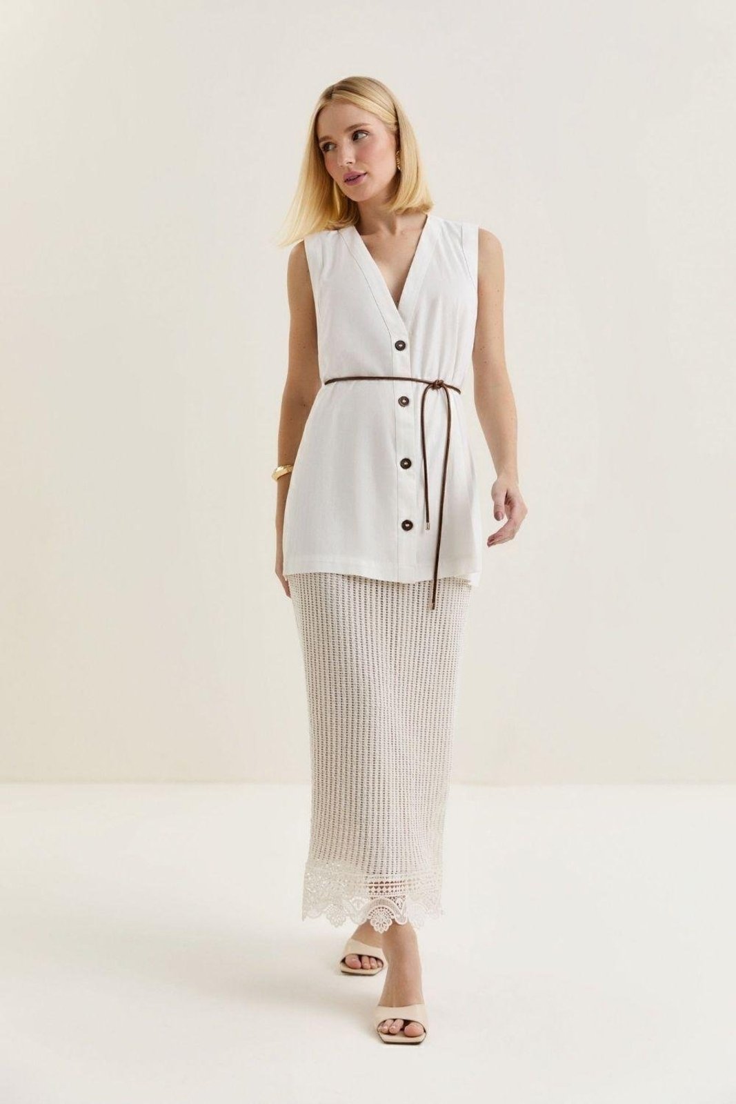 Saia Midi De Renda Carlota Costa Branco