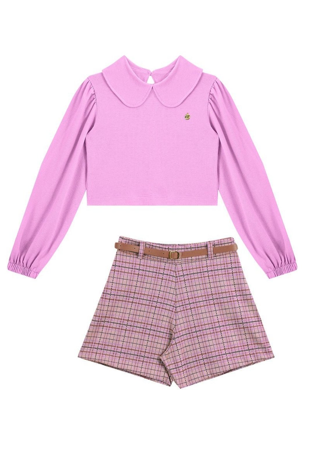 Infantil - Conjunto Blusa Rosa e Shorts Xadrez Bege