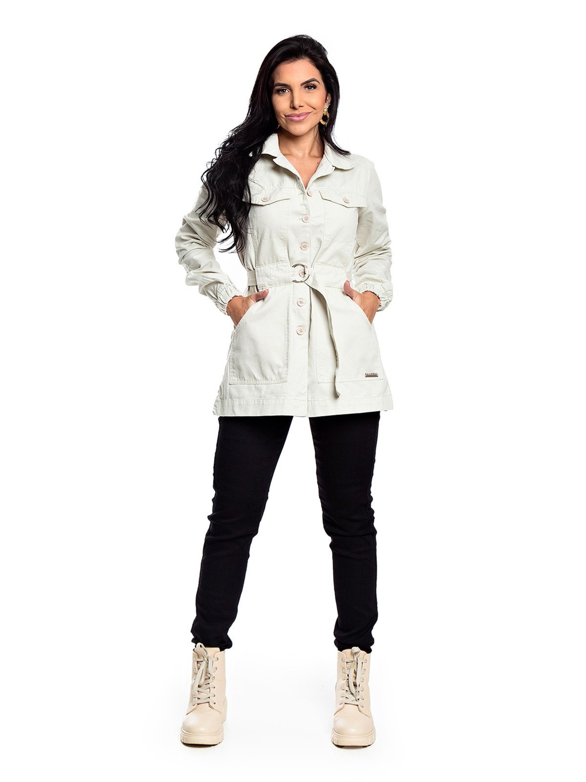 Jaqueta Parka Restrito Jeans Casaco com Botões - BEGE