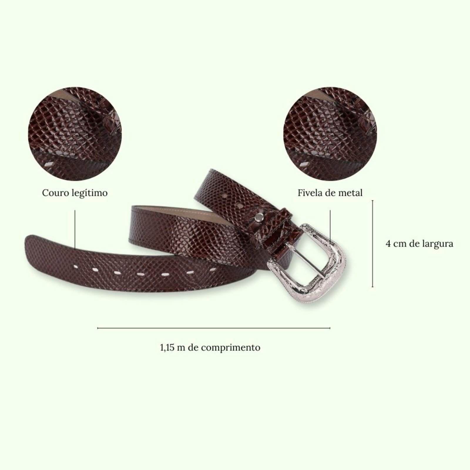 Vista 3 Cinto Country Masculino Couro Fivela Grande Couro de Cobra Anaconda 203 Schiareli marrom Schiareli marrom