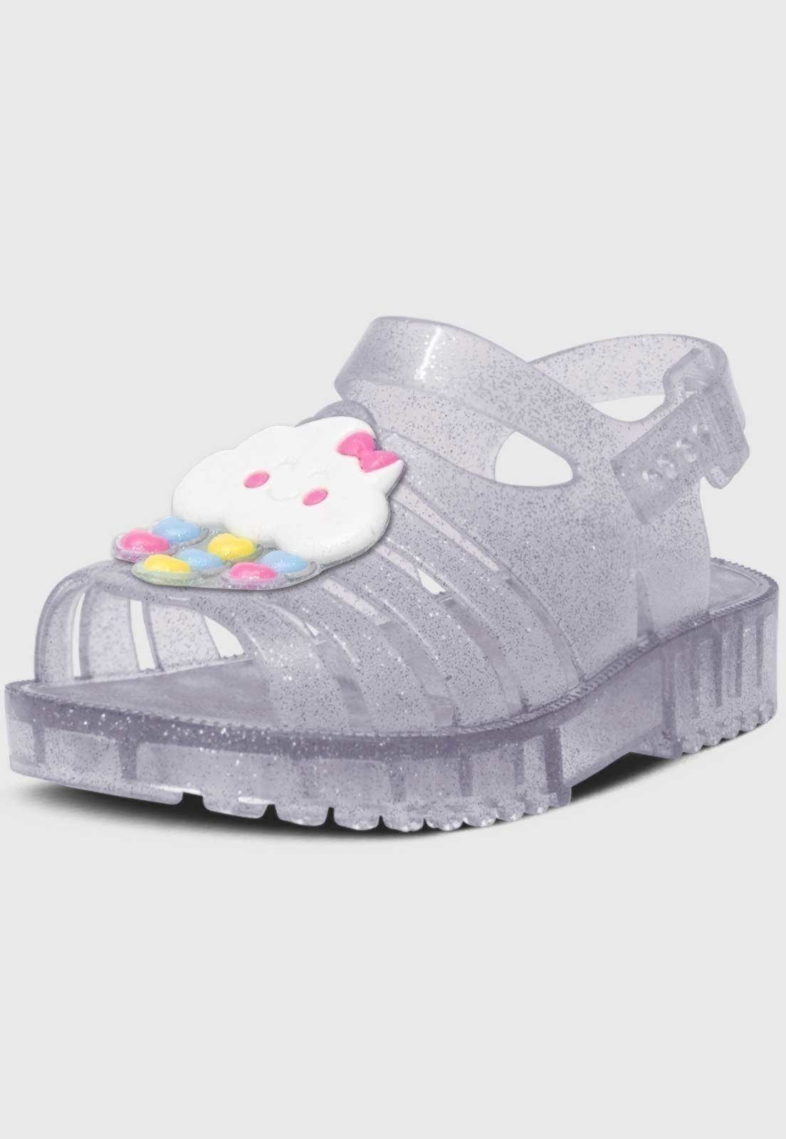 Infantil – Sandália Rasteira Pópidi Menina Emborrachada Chuva de Amor Glitter Prata