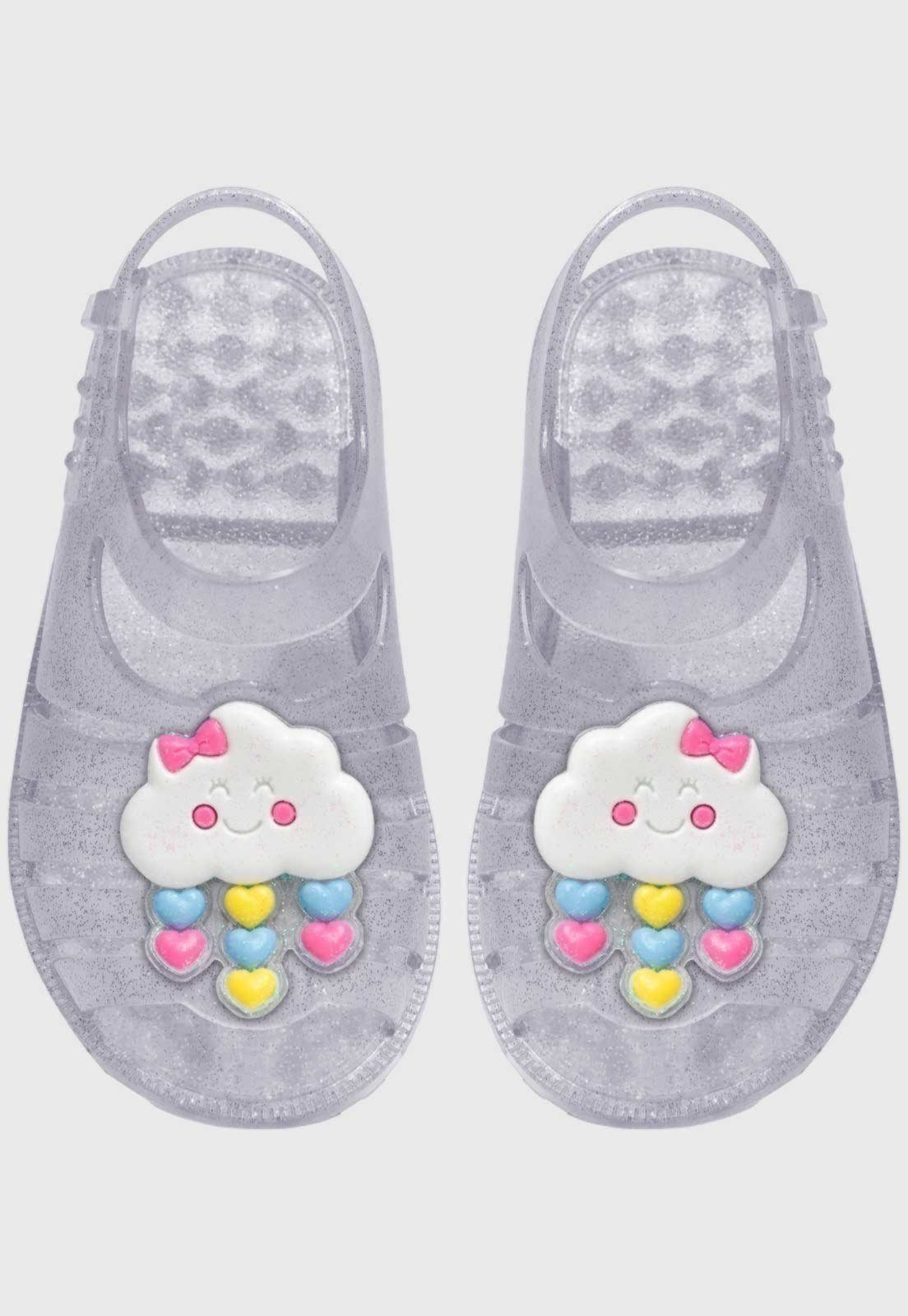Vista 3 Infantil - Sandália Rasteira Pópidi Menina Emborrachada Chuva de Amor Glitter prata Pópidí prata