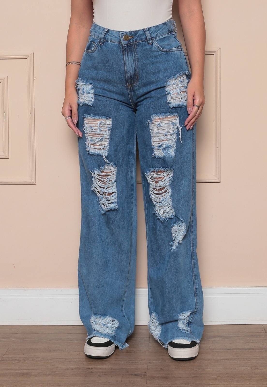 Calça Feminina Avec Wide Leg Cargo Confortável E Elegante Detalhes Azul Claro