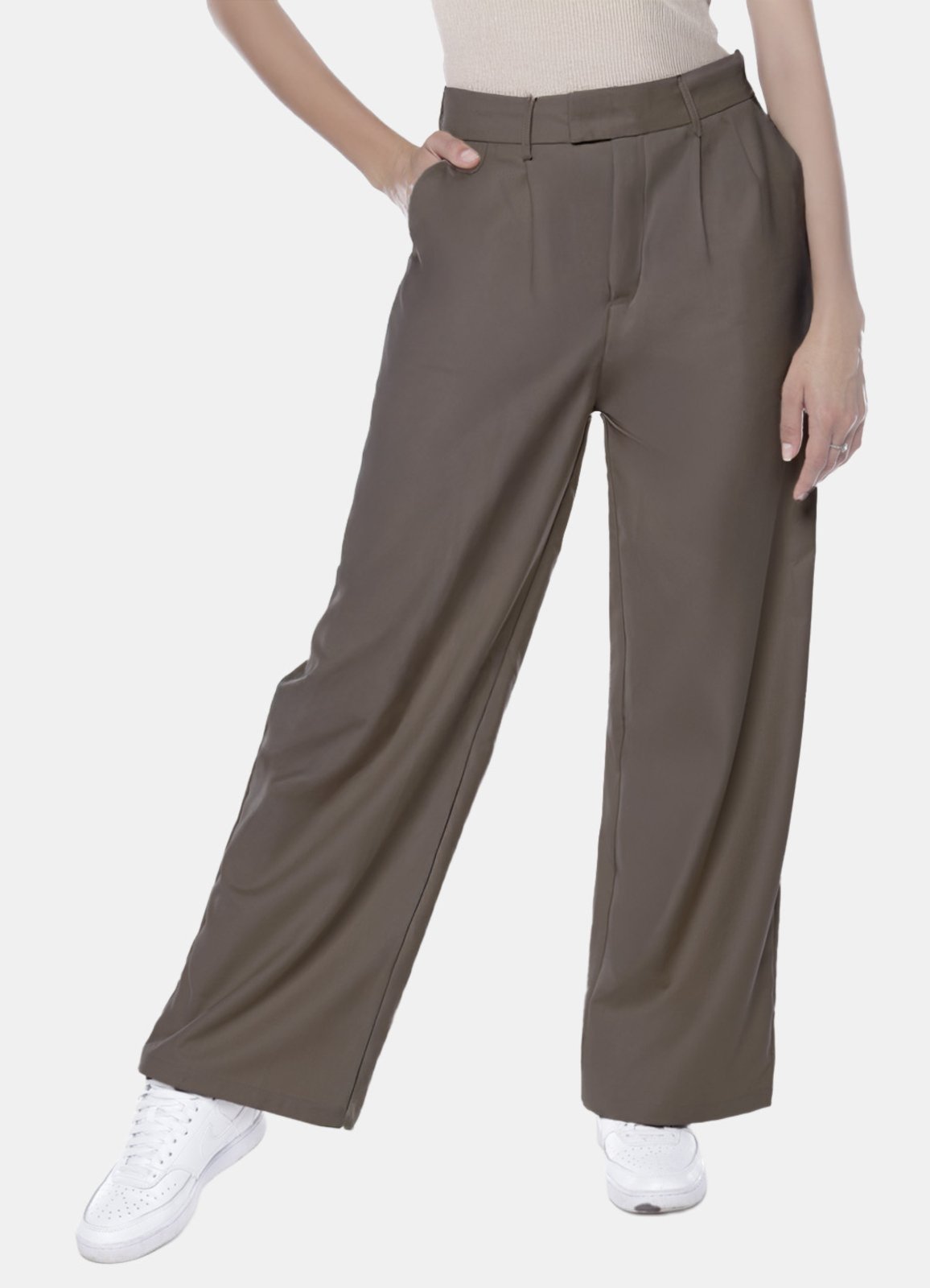 Calça de Pregas Marrom Café Sob Cintura Alta em Viscose com Elastano