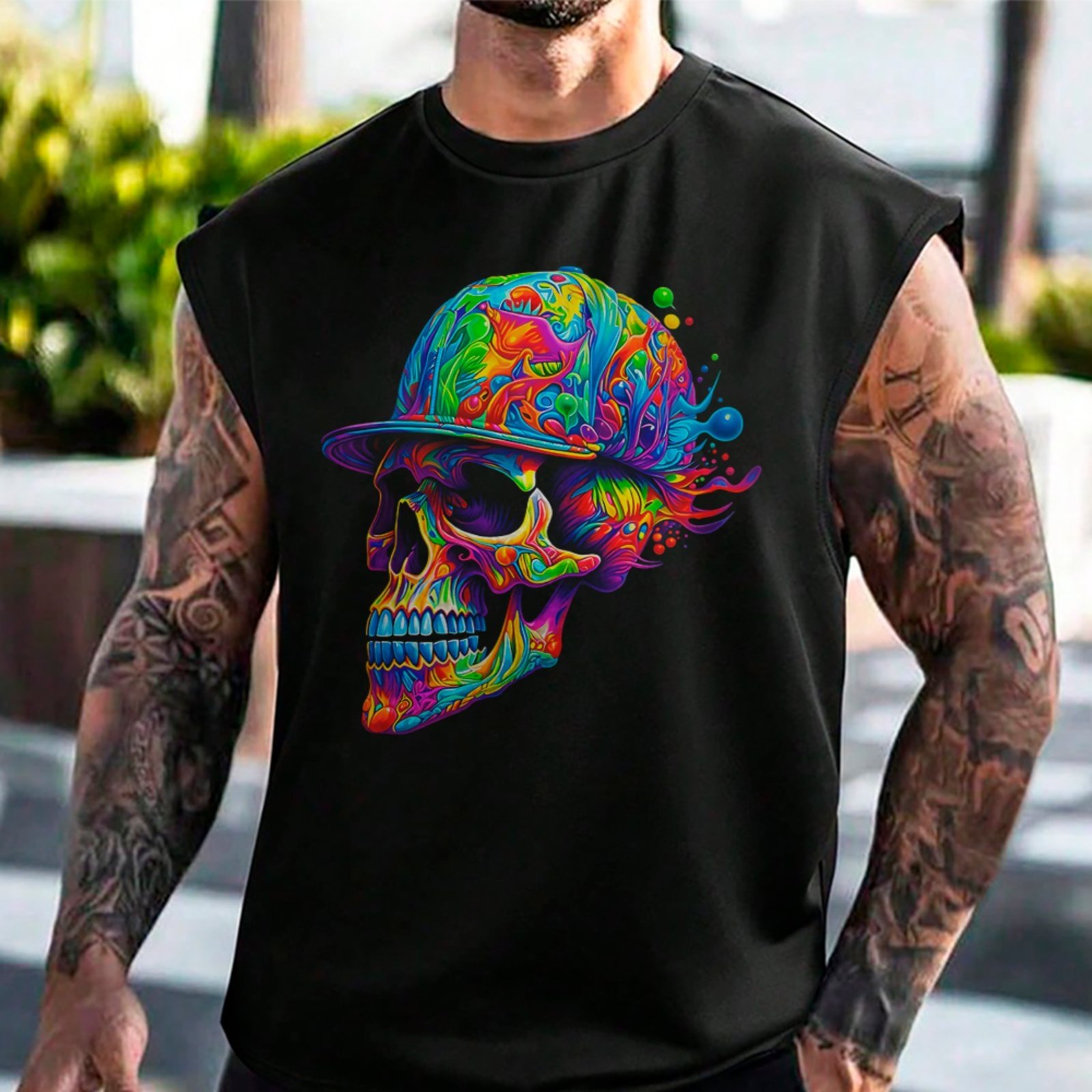 Camiseta Regata Machão Caveira Colorida Psicodélica Streetwear Premium Preto
