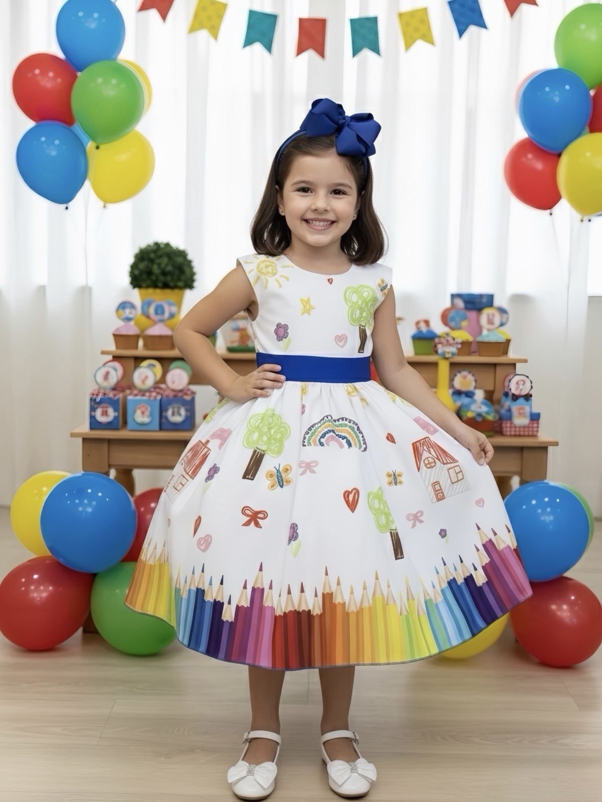 Infantil - Vestido Festa Branco Colorido Aquarela Formaturas Faixa Azul Rodado Social Luxo Aniversário Juvenil Menina Passeio Princesa