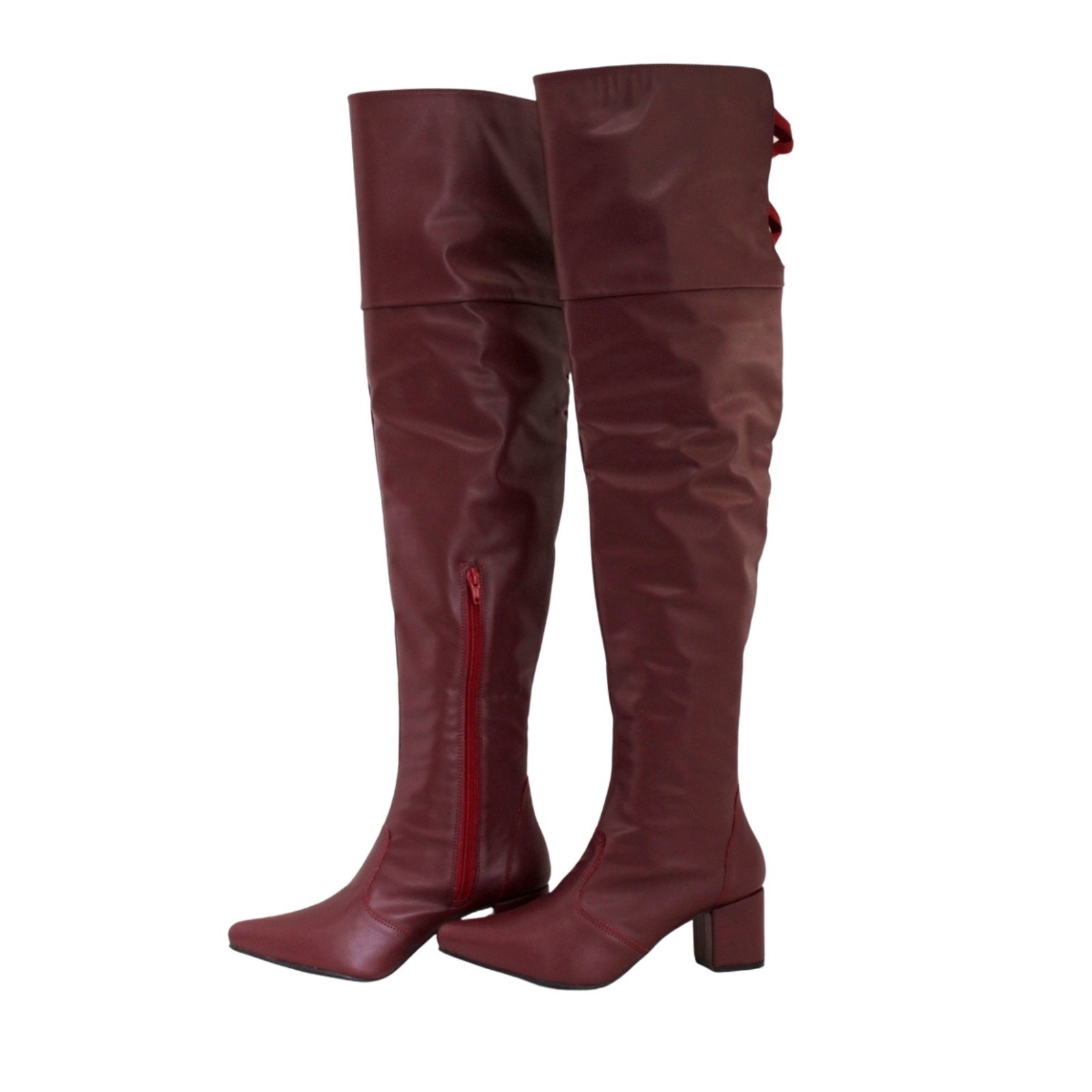 Bota Feminina Over The Knee Lirom Elegante Cano Longo Salto Bico Fino Confortável Bordô