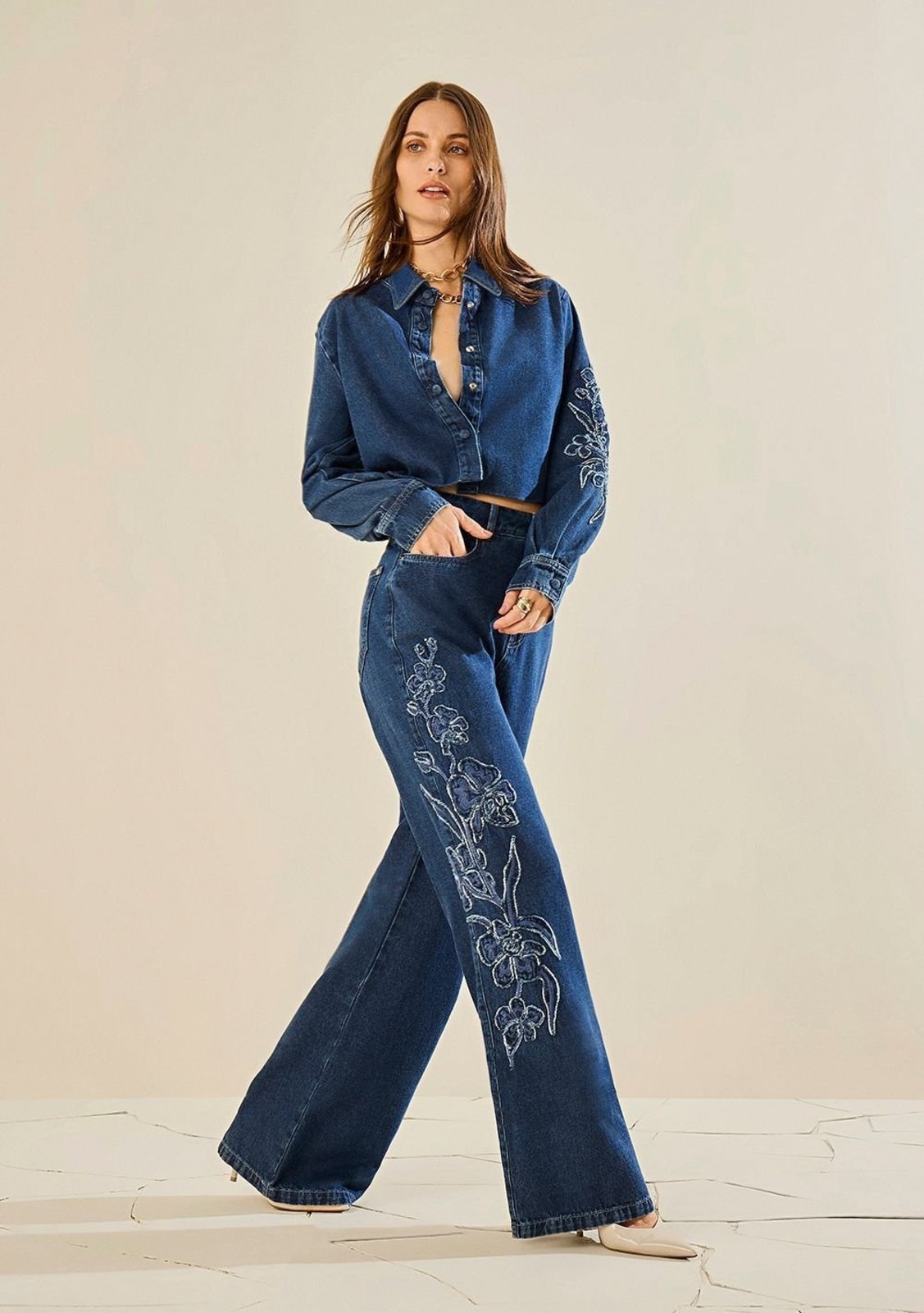 Conjunto Morena Rosa Camisa Manga Longa Calça Wide Cintura Média - Azul