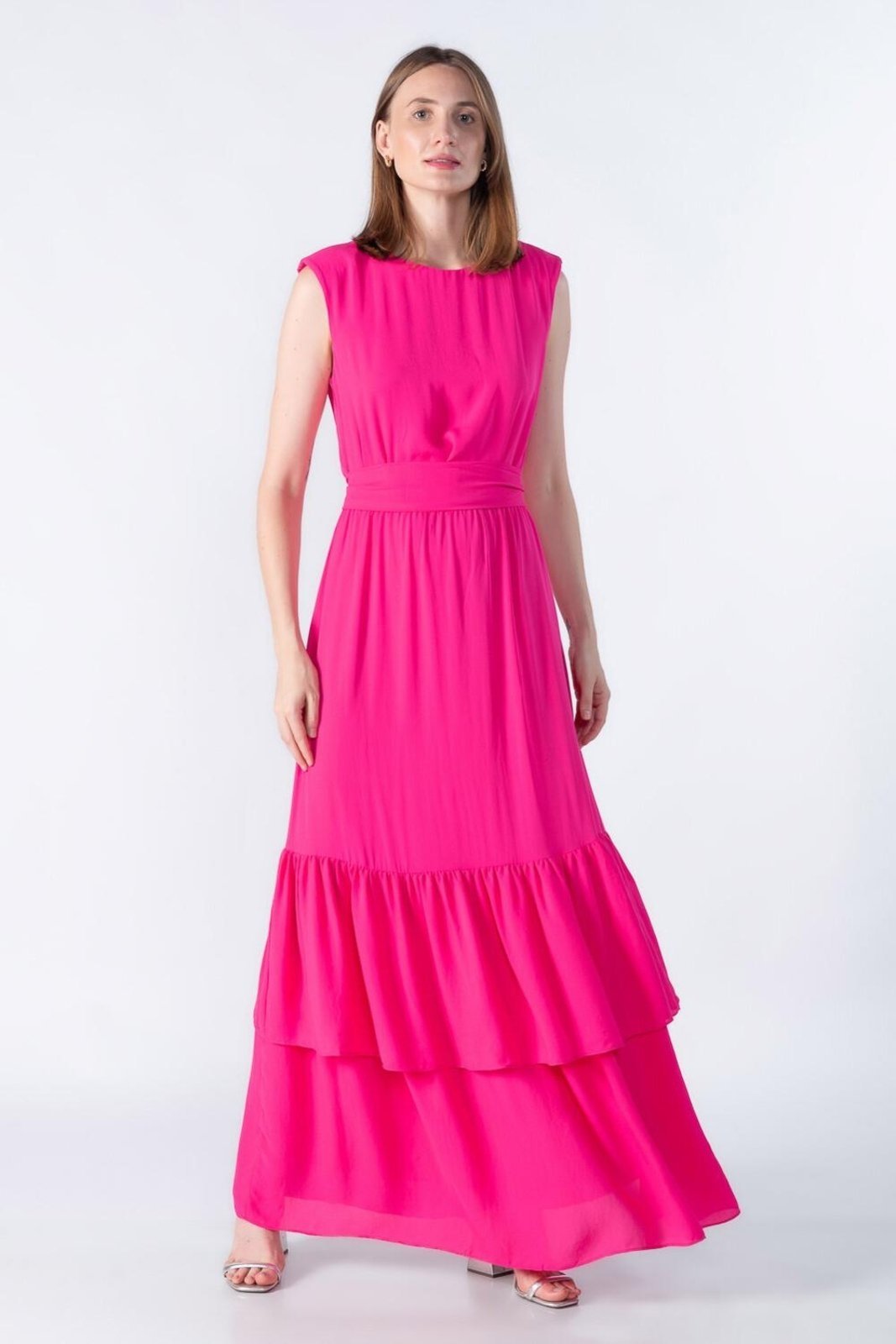 Vestido longo com ombreira e babado Rosa