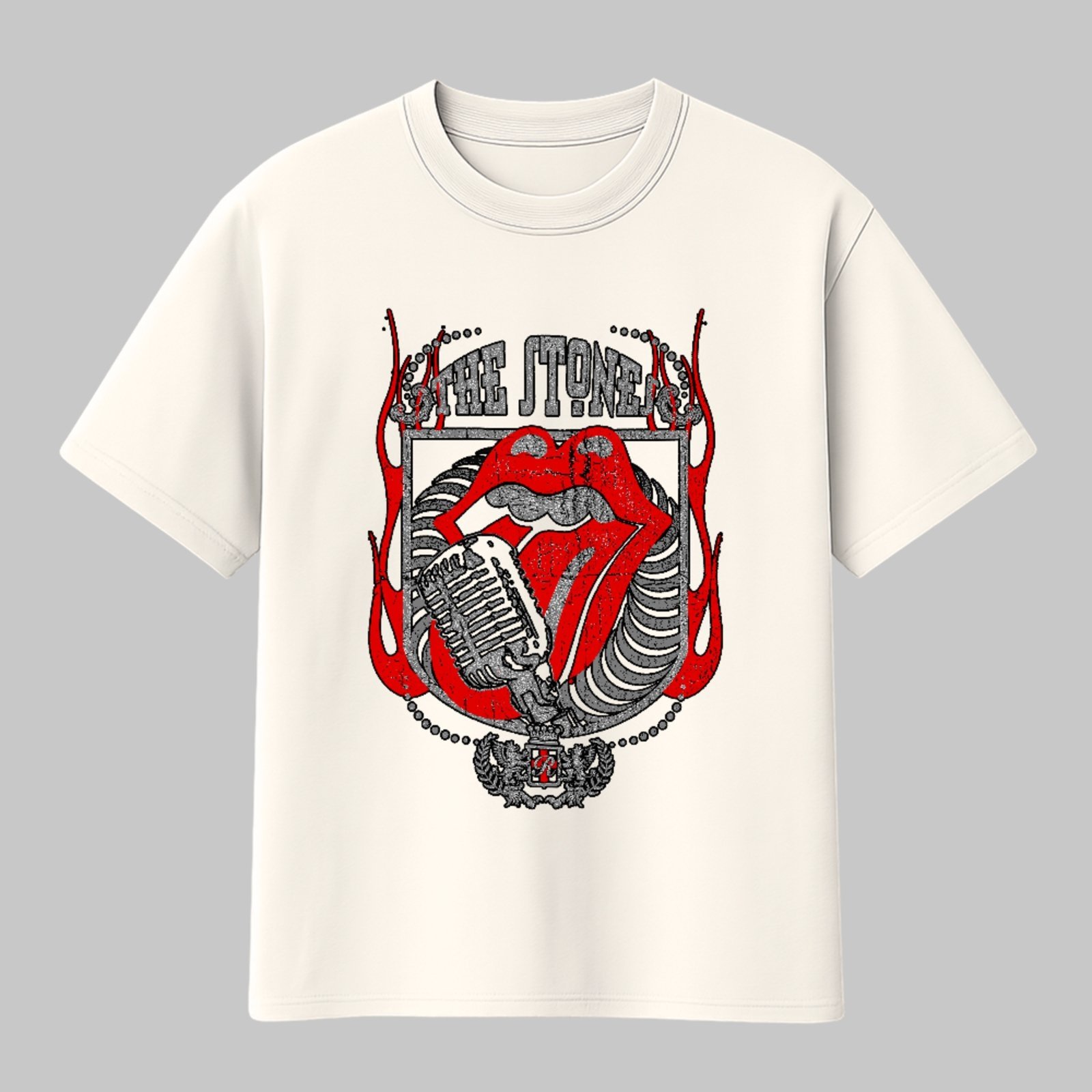 Camiseta Básica Rock And Roll Lips Vintage Unissex Off White