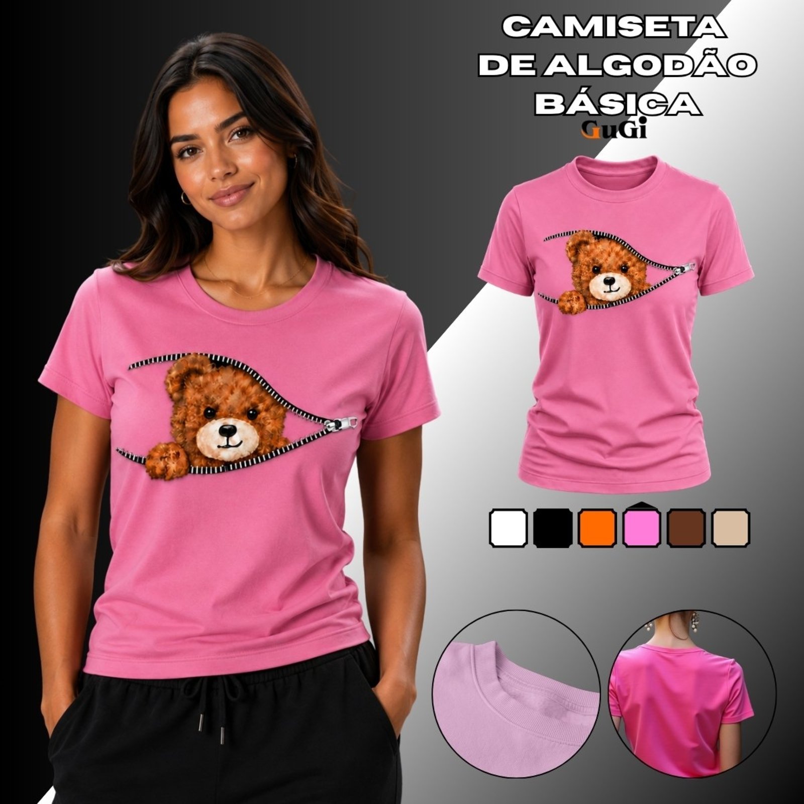 Camiseta Feminina Zíper Ursinho 100% Algodão Rosa