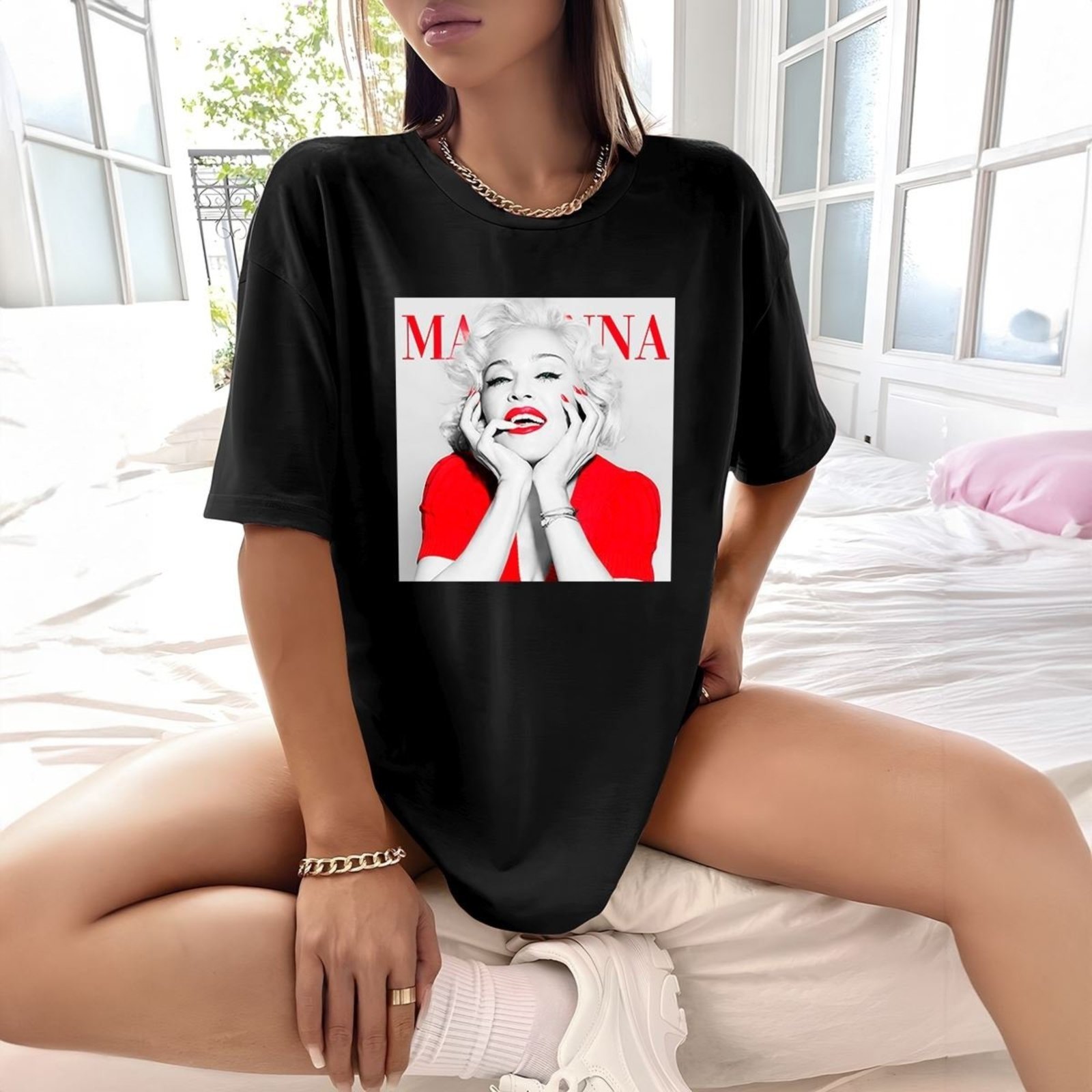Camisa Camiseta Feminina Estampada Madonna 100% Algodão Fio 30.1 Penteado – Preto