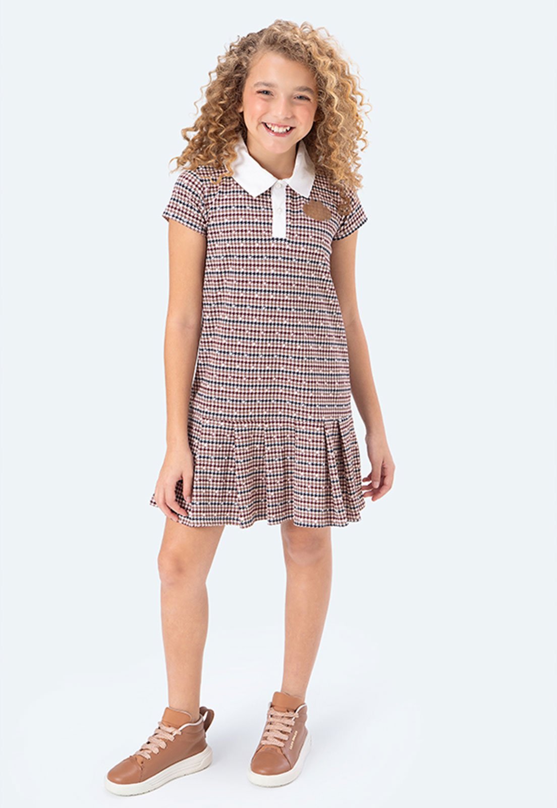 Infantil - Vestido Lilica Ripilica Estampa Xadrez Gola Polo Branca Bege
