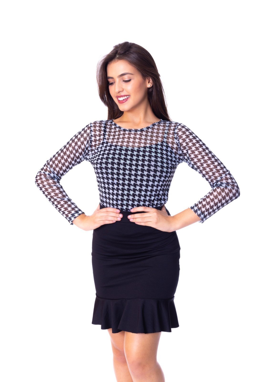 Blusa Moda Vicio Gola Careca Manga Longa Branco e Preto