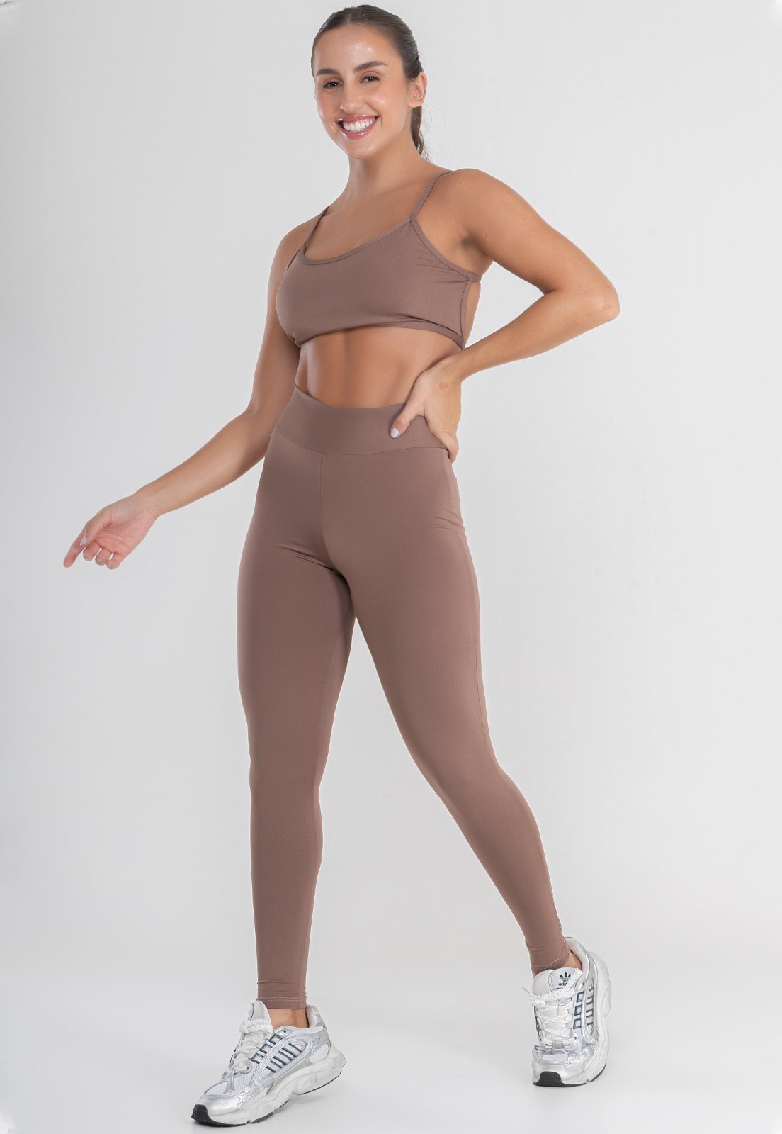Conjunto Fitness Gringa Calça Legging Forrada Zero Transparência E Top Costa Nua 080+124 Castanho