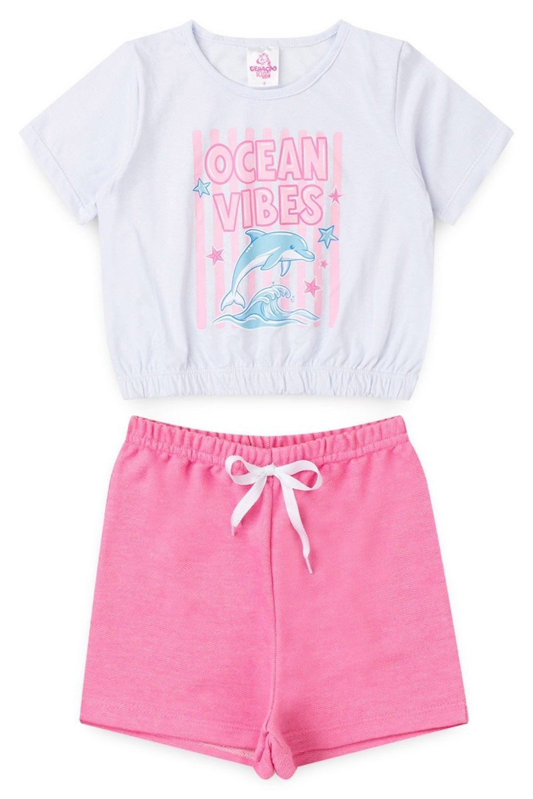 Infantil - Conjunto Menina Verão Blusa Cropped 100% Algodão Shorts Moletinho Confortável com Elástico