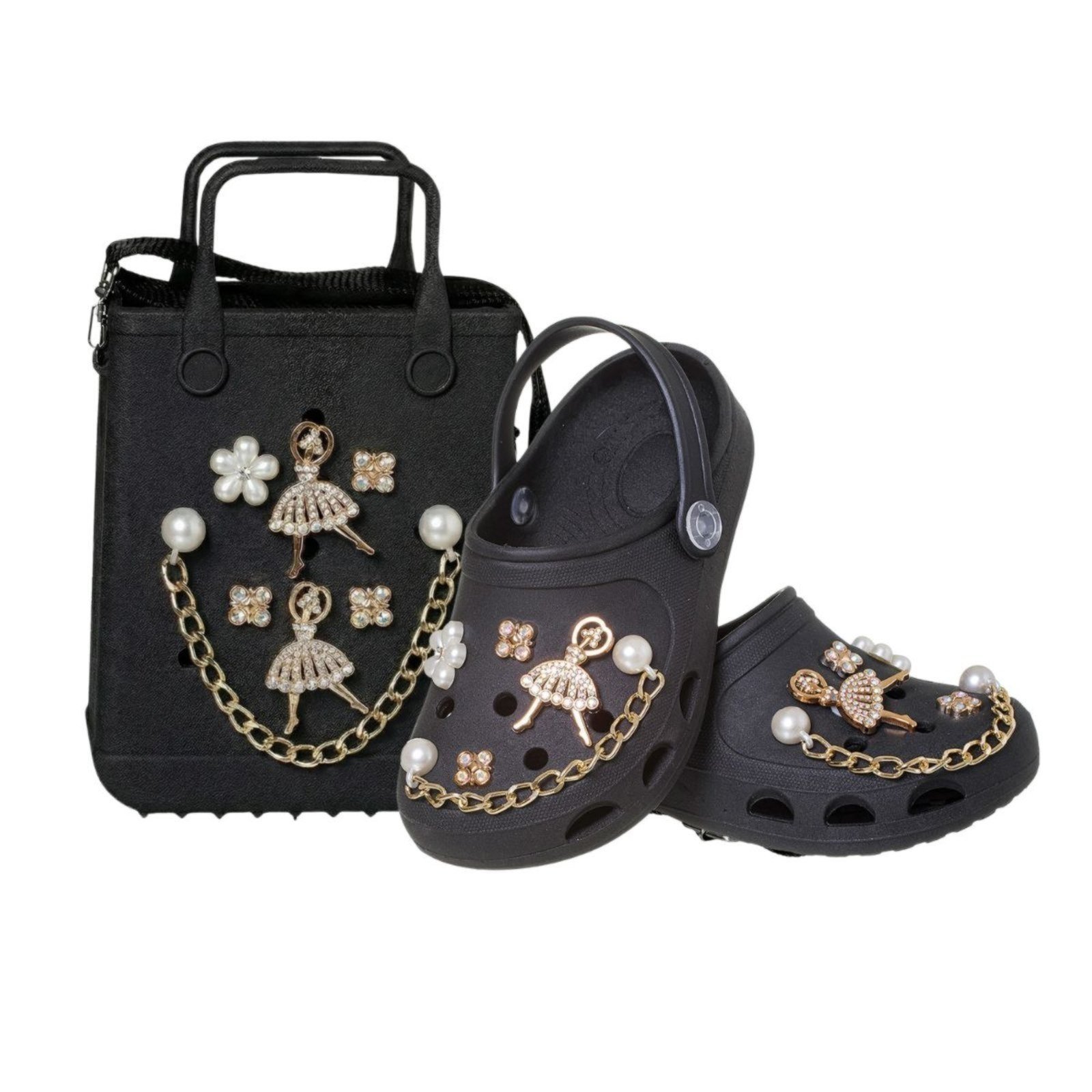 Vista 2 Infantil - Kit Sandália Babuche Com Pingentes e Bolsa transversal com botons para personalizar Angipé preto Angipé preto