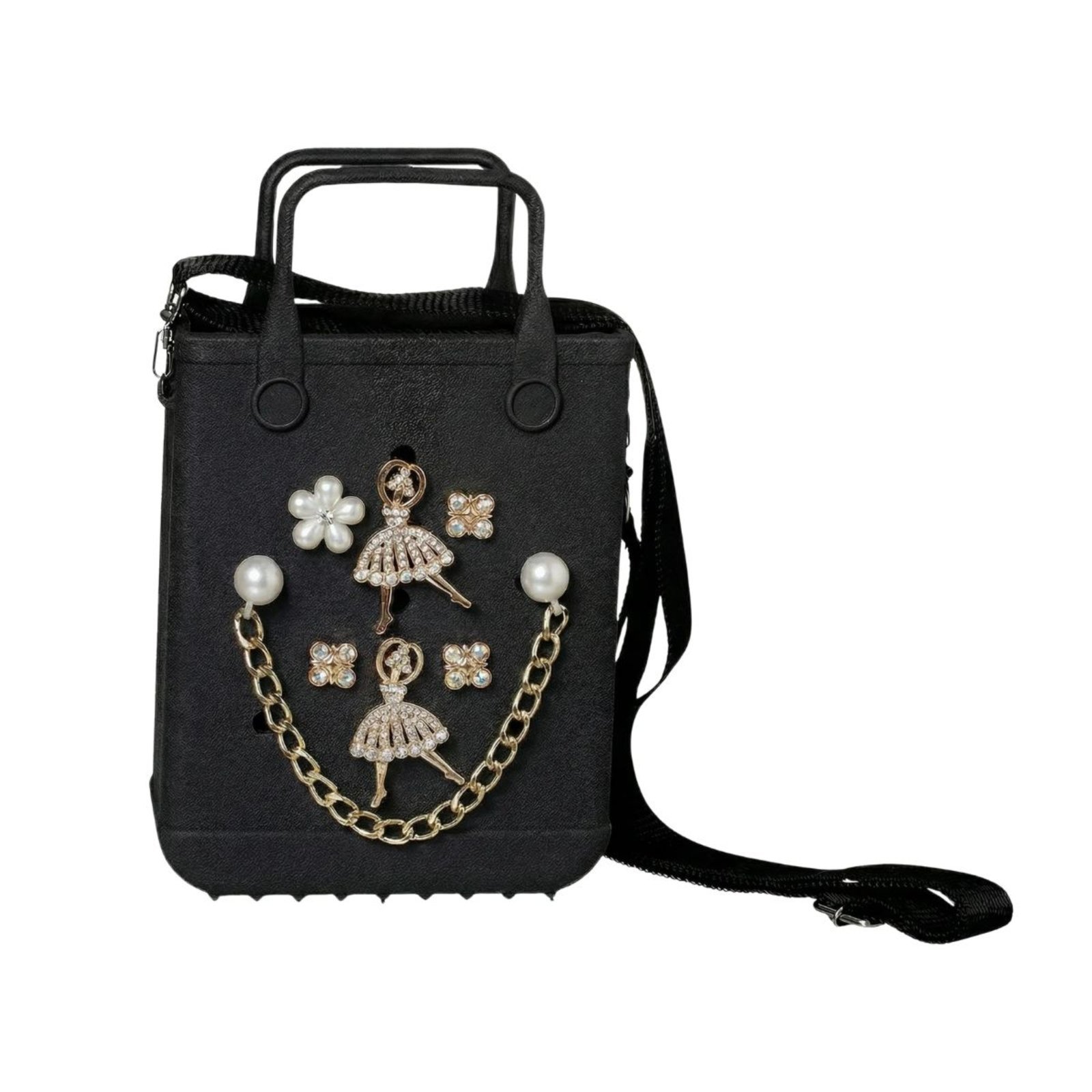Vista 3 Infantil - Kit Sandália Babuche Com Pingentes e Bolsa transversal com botons para personalizar Angipé preto Angipé preto