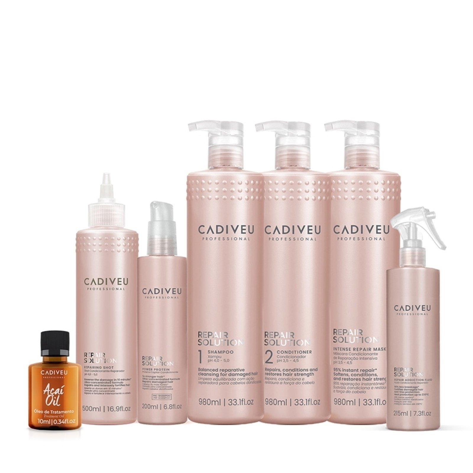 Kit Cadiveu Repair Solution Litro Completo e Açaí Óleo 10ml (7 produtos)