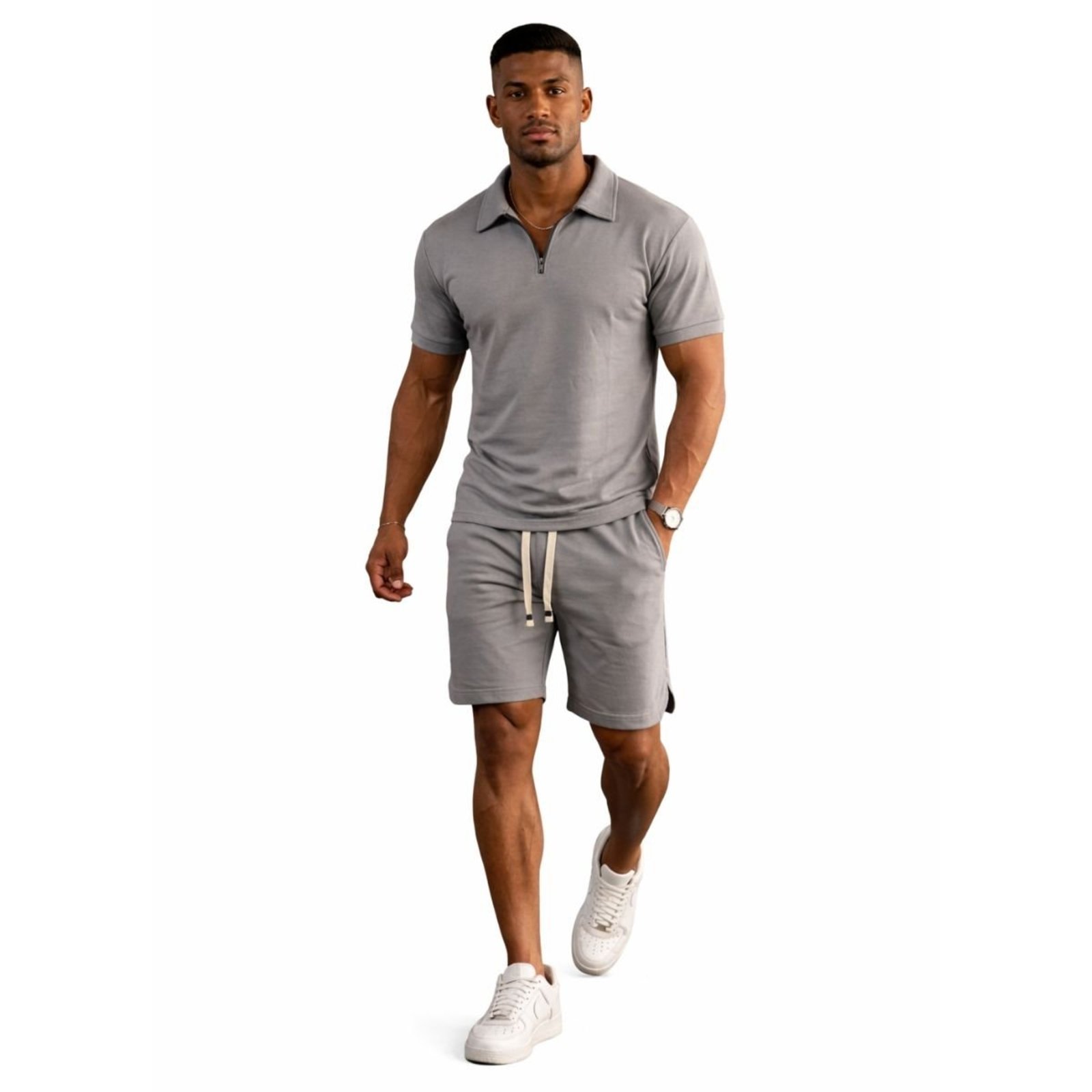 Conjunto Masculino Oversized Suedine Premium Camiseta Polo e Bermuda Casual Chumbo