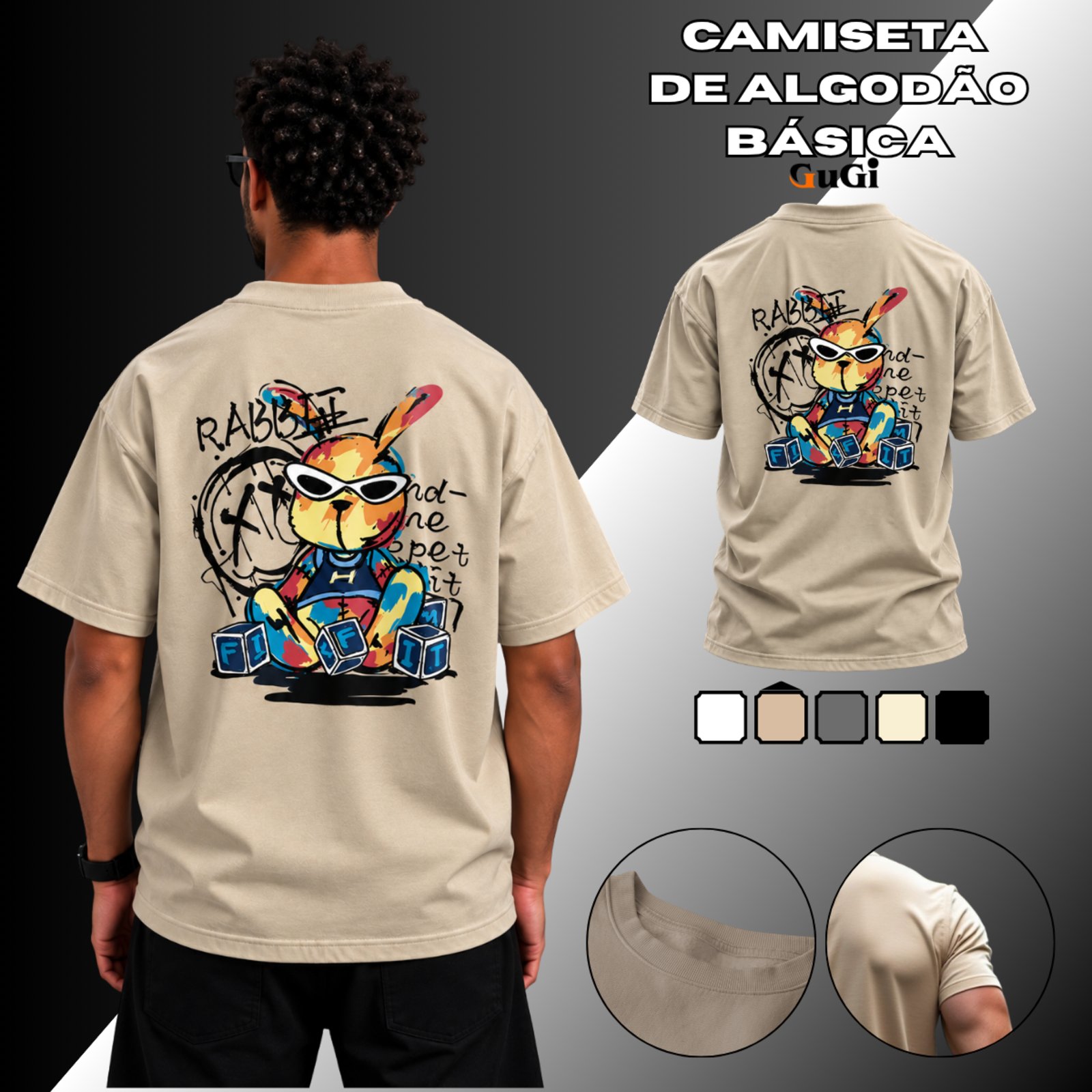 Camiseta Masculina Rabbit Óculos De Sol 100% Algodão 30.1 Caqui
