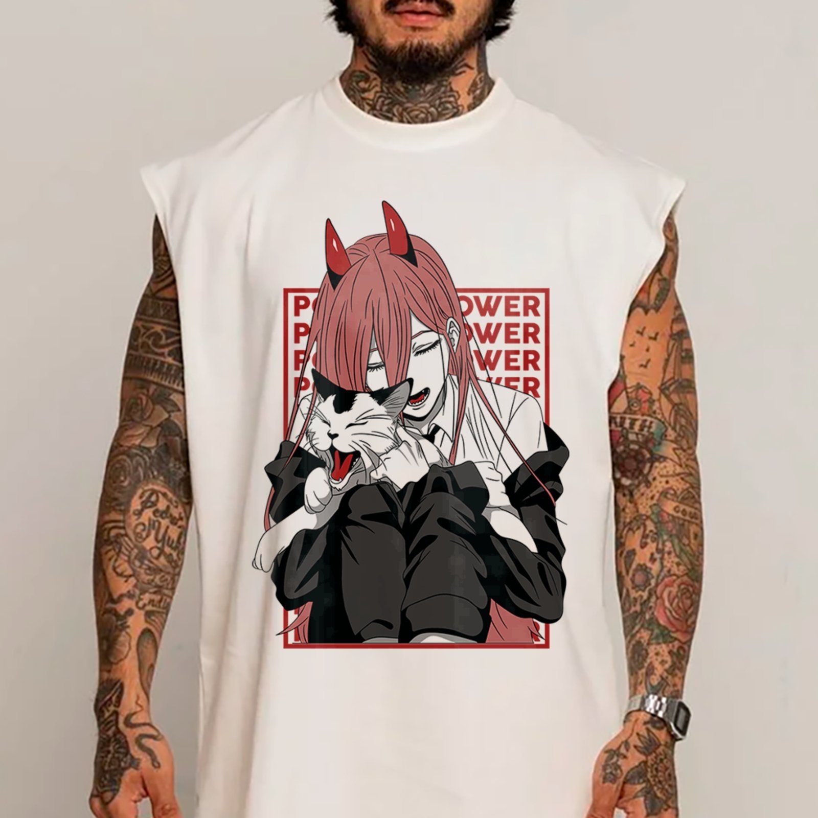 Camiseta Regata Machão Power Com Gato Anime Chainsaw Man Branco
