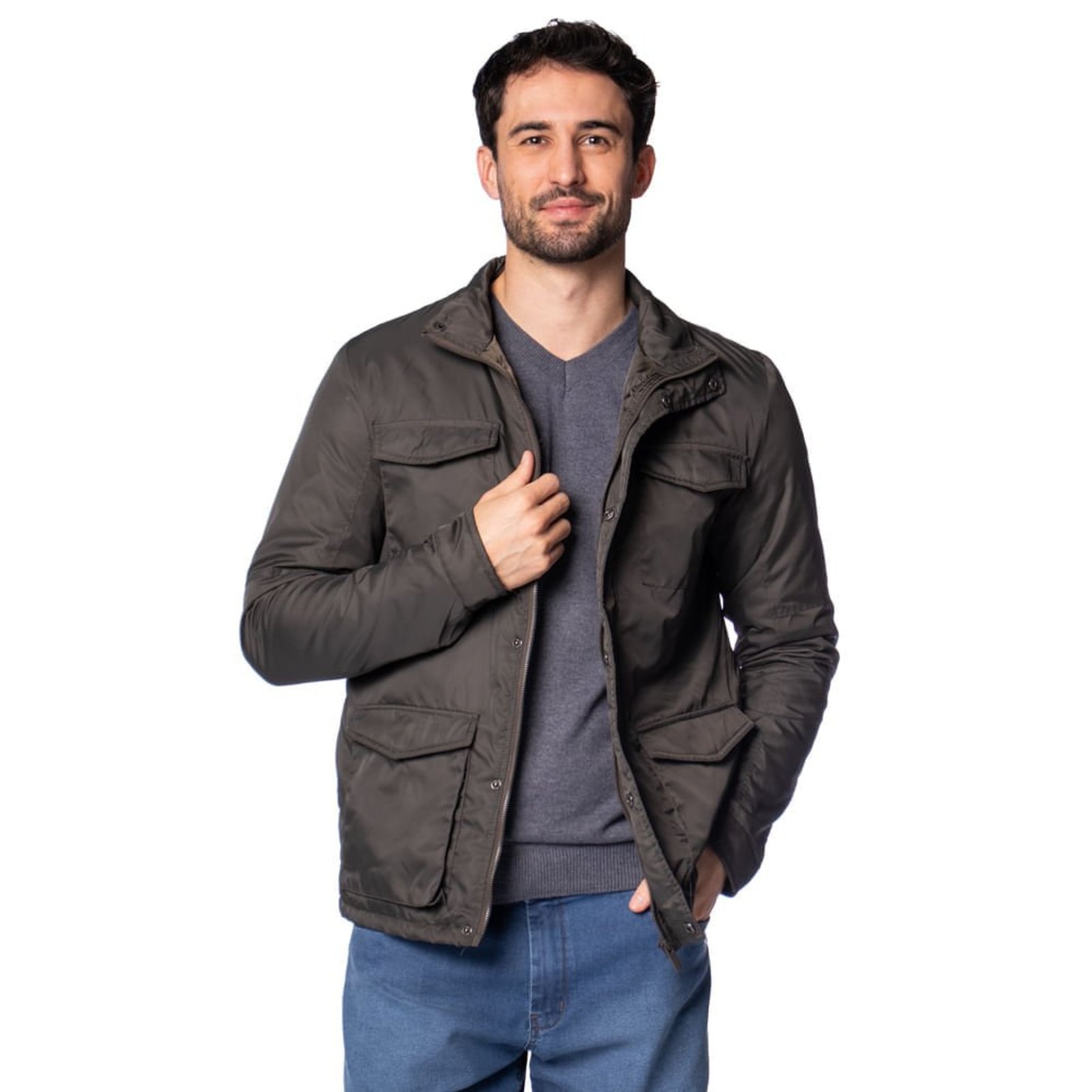 Jaqueta Masculina Sea Surf Bolsos Aplicados Cinza Escuro