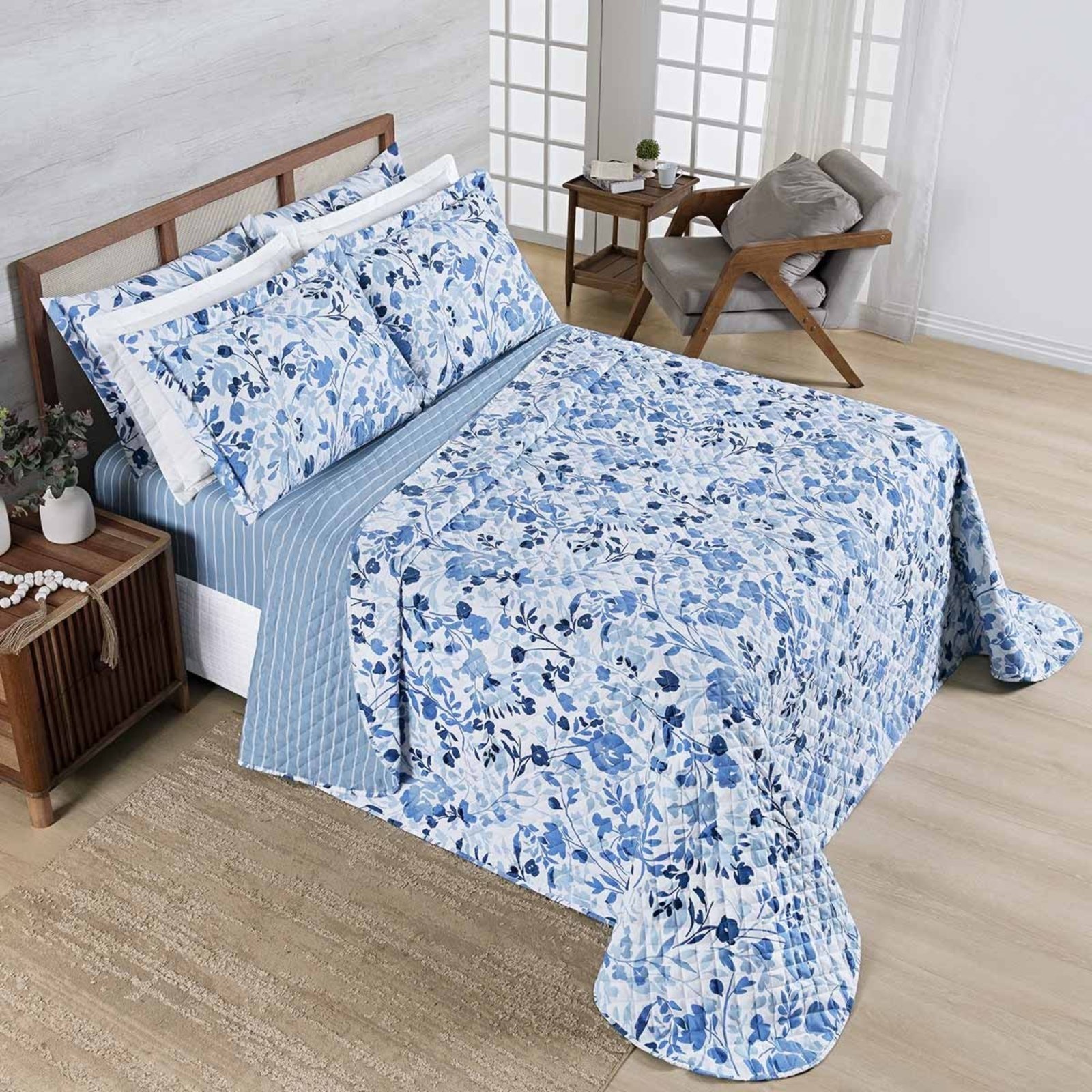 Kit Cobre Leito Colcha Casa Scarpa Belle Queen Estampado Dupla Face 400 Fios 3 Peças Florido Azul
