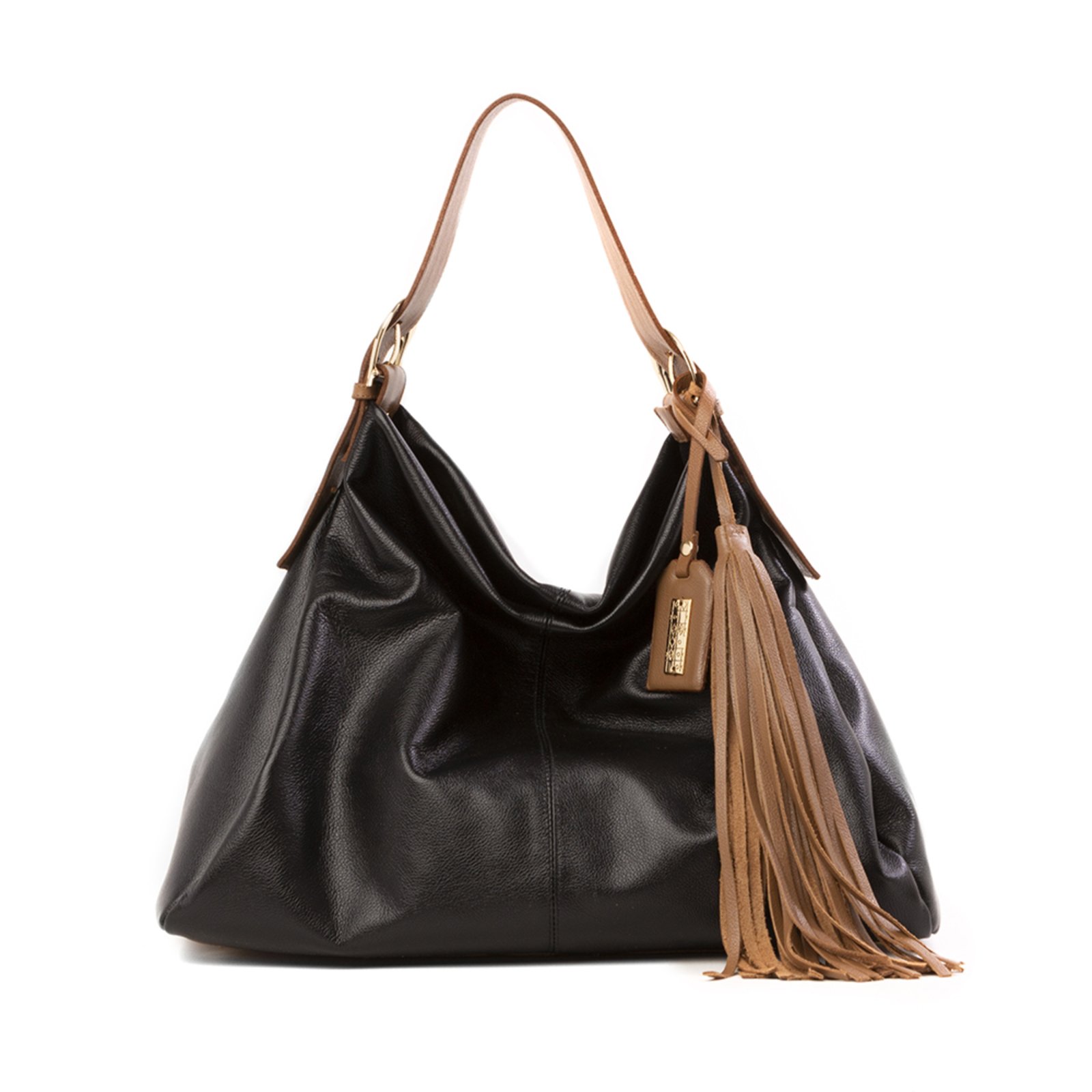 Bolsa Feminina Em Couro Tiracolo Preta Com Caramelo “Júlia Yip”””