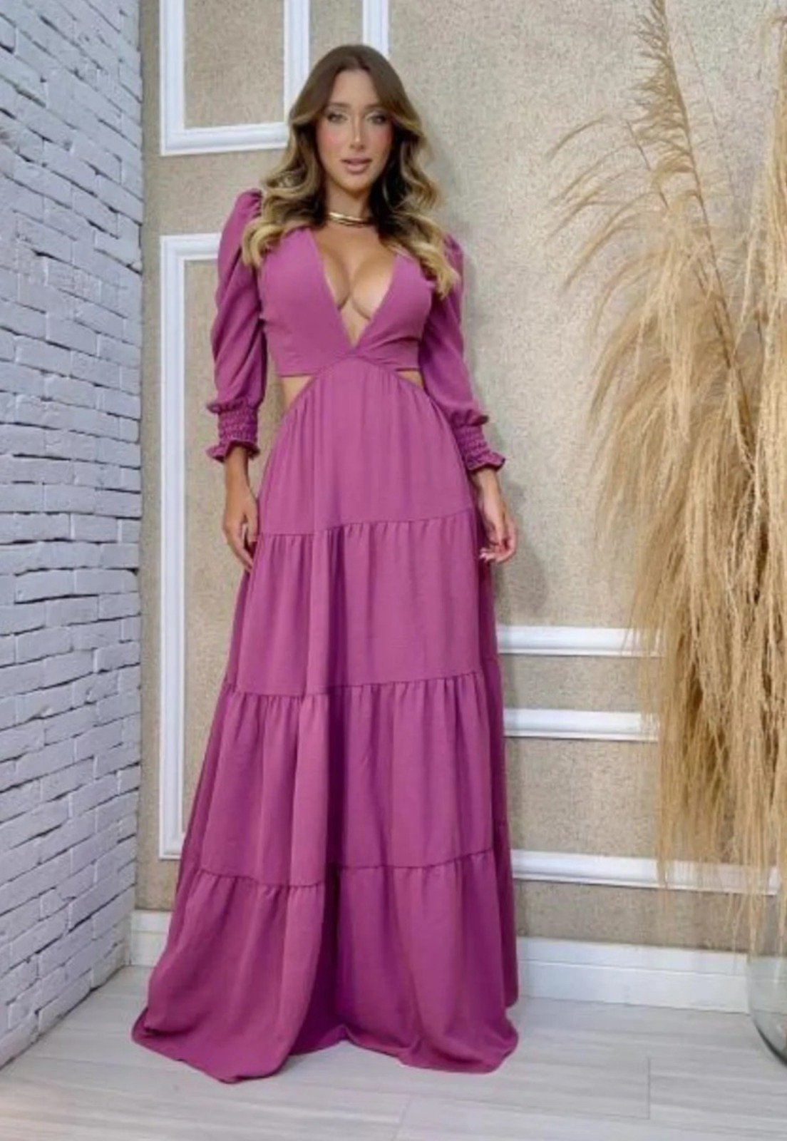 Vestido Manu Abertura Viscose Manga Longa Lilás