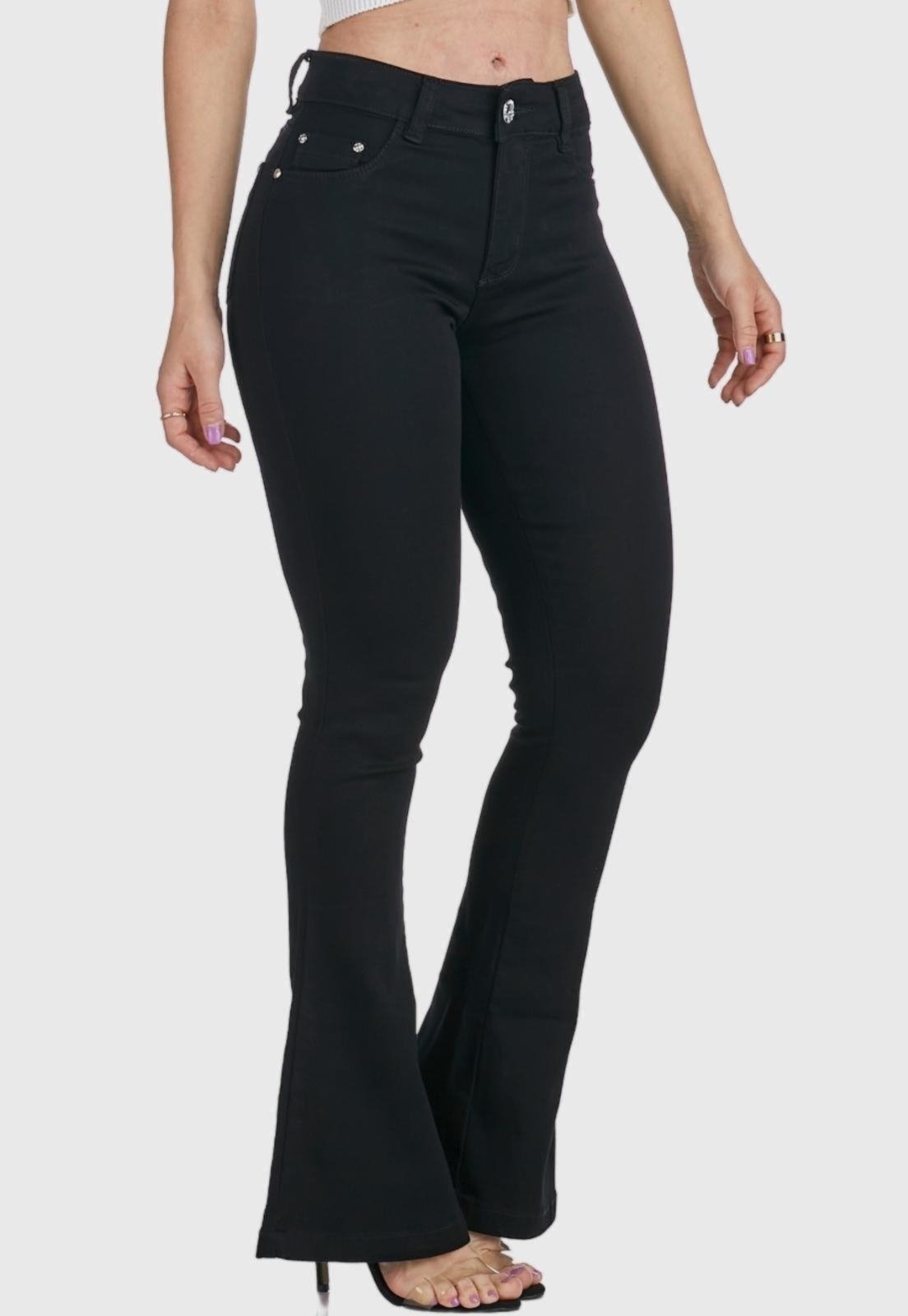 Calça Jeans Flare HNO Jeans Petit Boca de Sino Preta