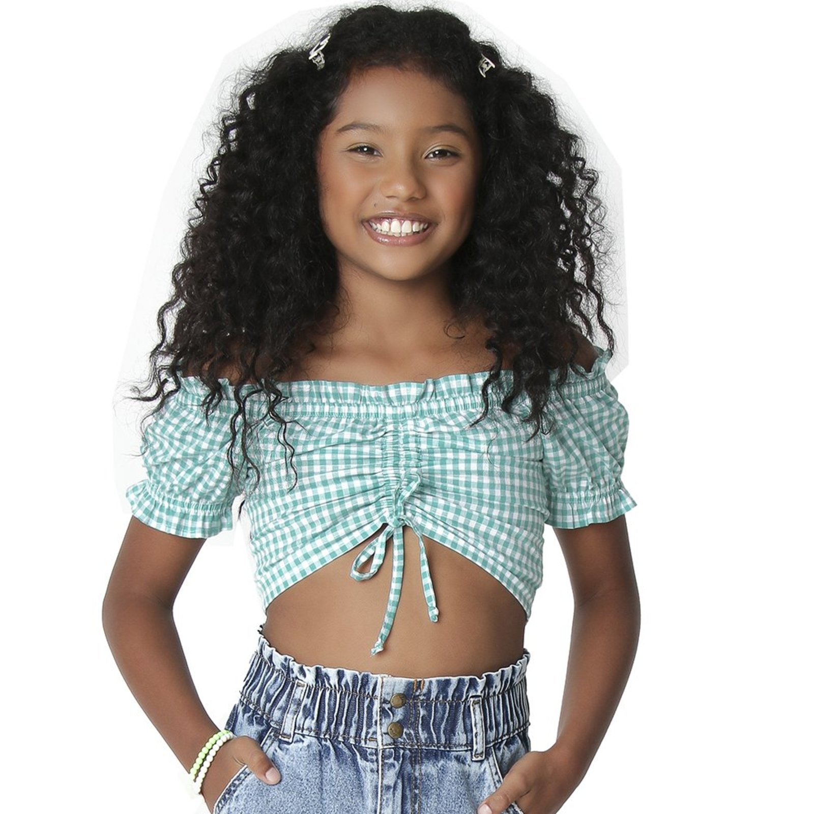 Infantil - Blusa Juvenil Look Jeans Cropped Xadrez