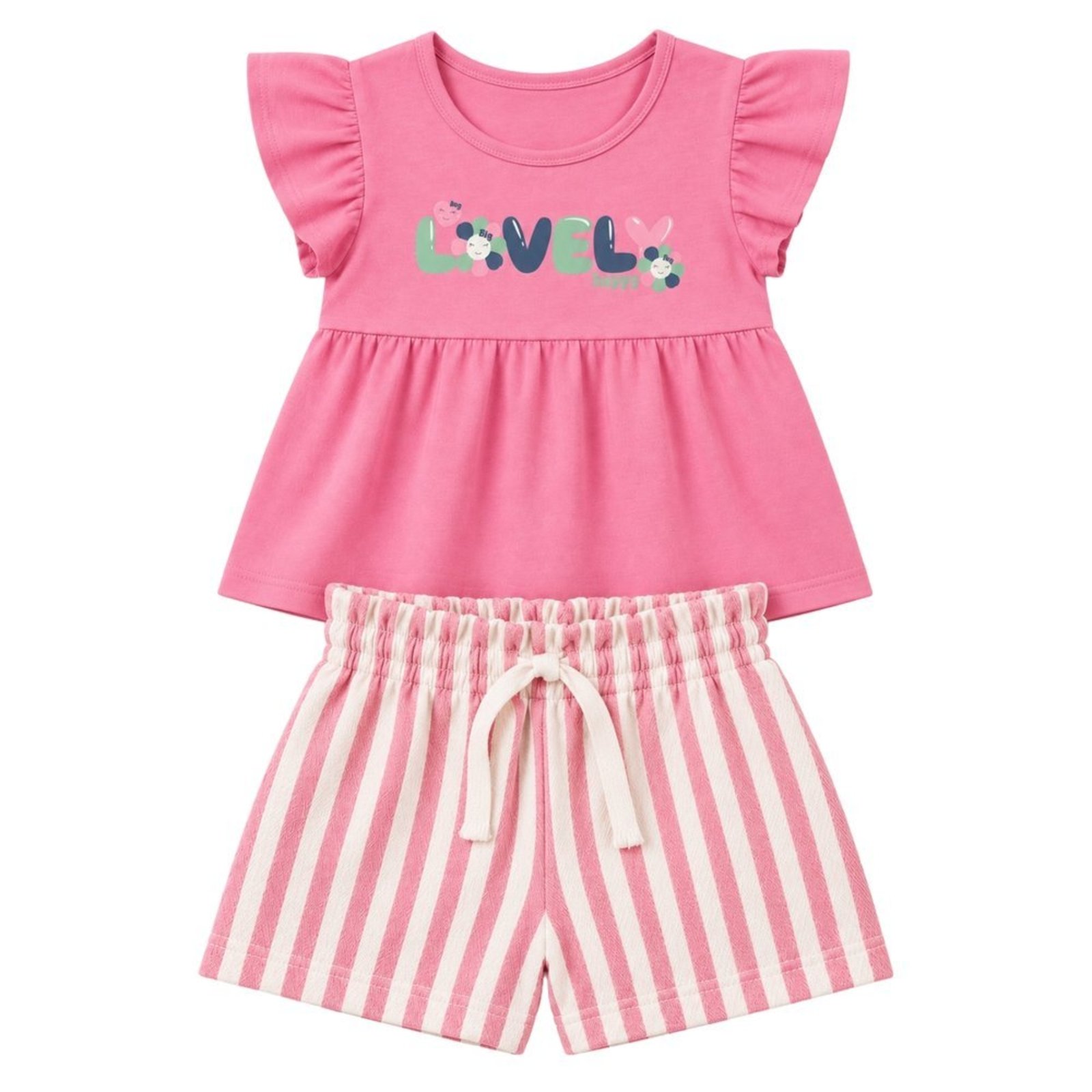 Infantil - Conjunto Menina Blusa Cotton Bermuda Moletinho Eco