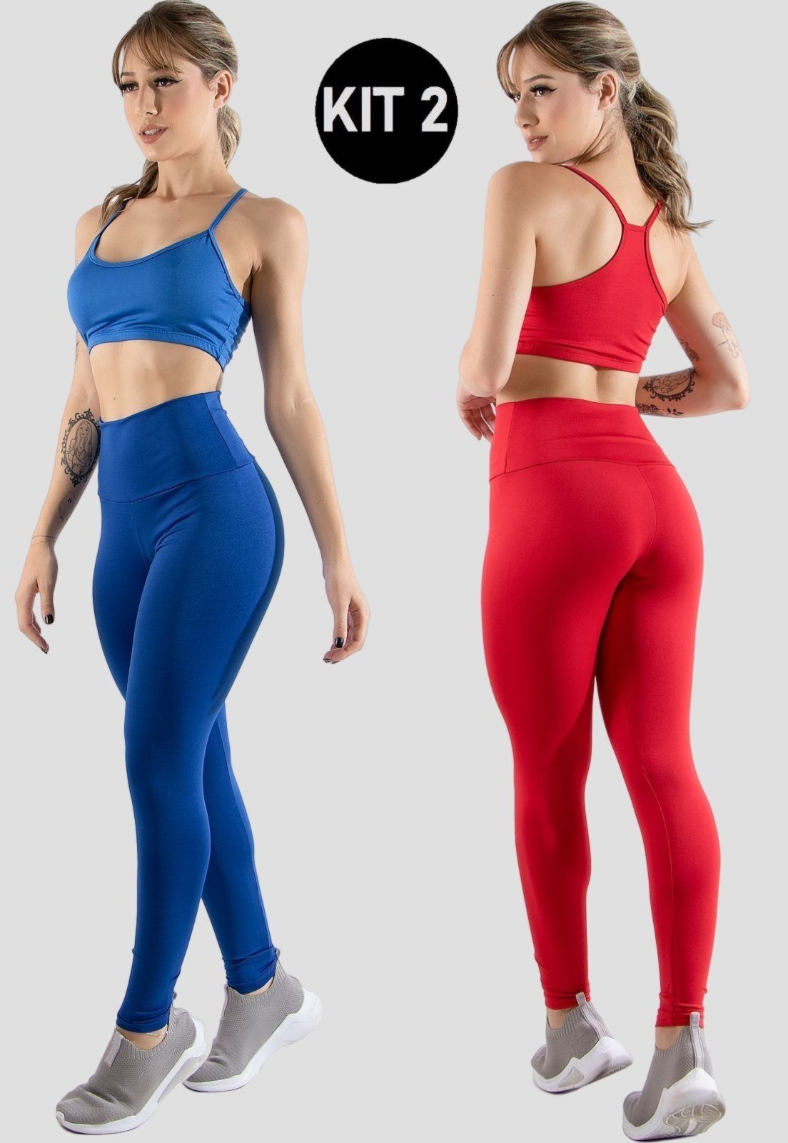 Kit 2 Conjuntos Feminino Fitness Top alça fina e Calça Legging Lisa Treino Academia 4 Estações Azul Royal/Vermelho