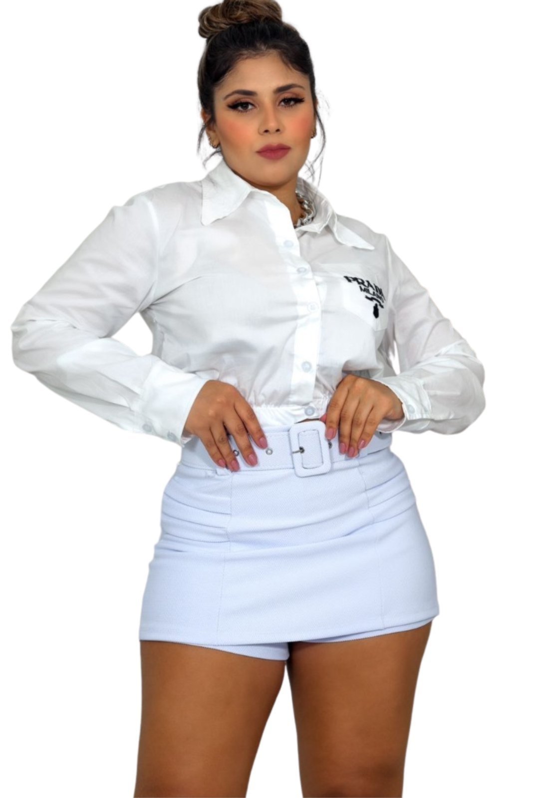 Shorts saia Friso Summer Body Feminino Malha Pop Curto Cinto Encapado Removível Branco