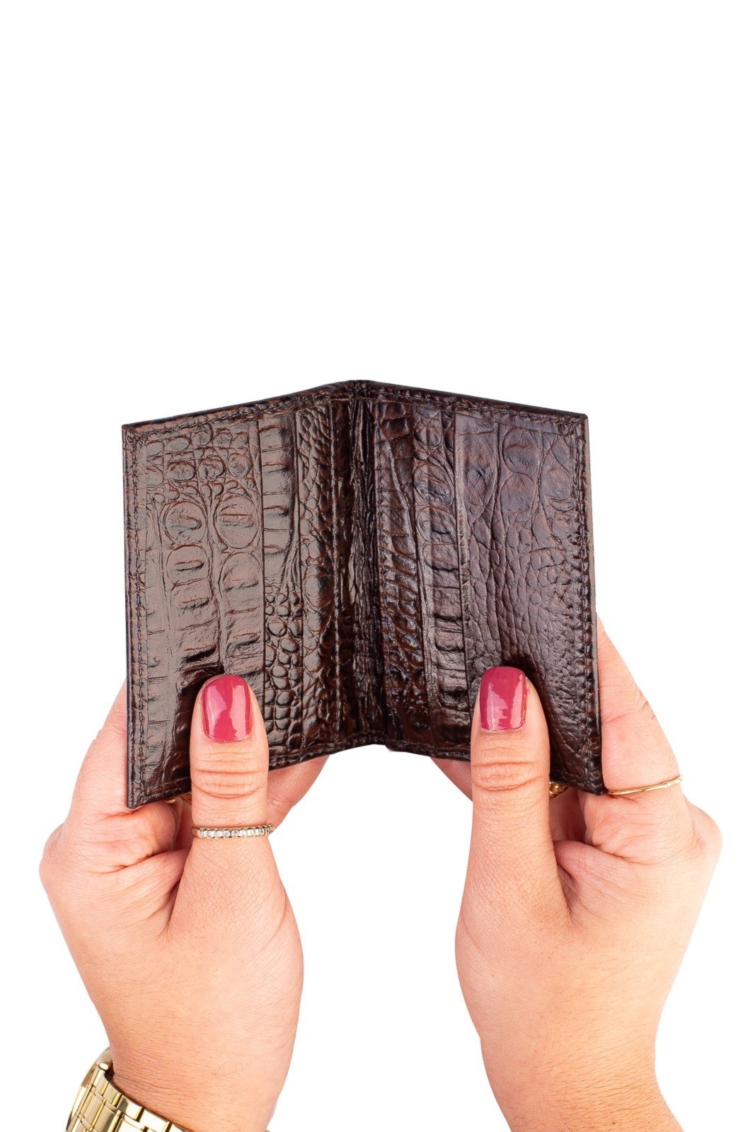 Vista 3 Porta cartões de couro croco Andréia 7,5x10cm - Café Andrea Vinci vermelho